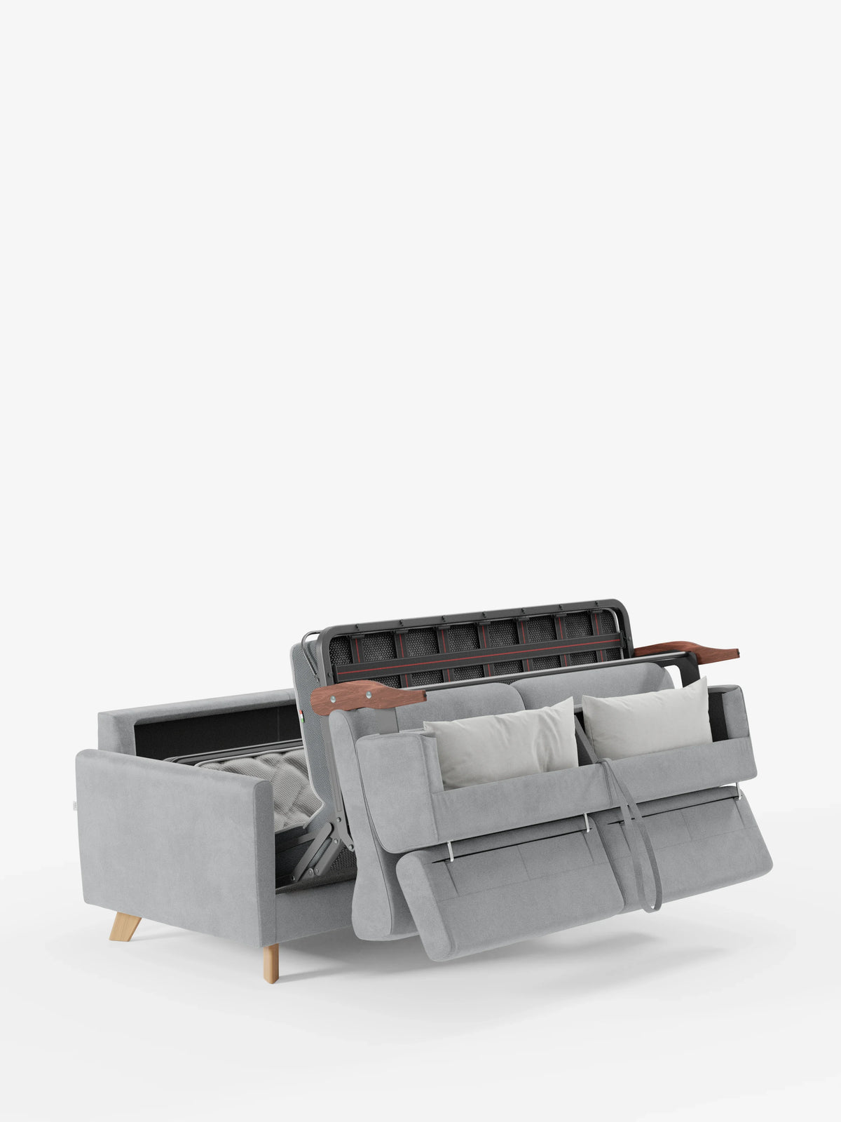 Un divano letto Francy grigio chiaro con poggiatesta regolabili di Divani.Store, rivestito in elegante tessuto T30 antimacchia e dotato di fodere completamente sfoderabili, è parzialmente aperto per rivelare il meccanismo estraibile e il materasso al suo interno. Questo versatile divano a 2 posti presenta due cuscini dello schienale, braccioli in legno e gambe angolate in legno, il tutto su uno sfondo bianco a tinta unita.