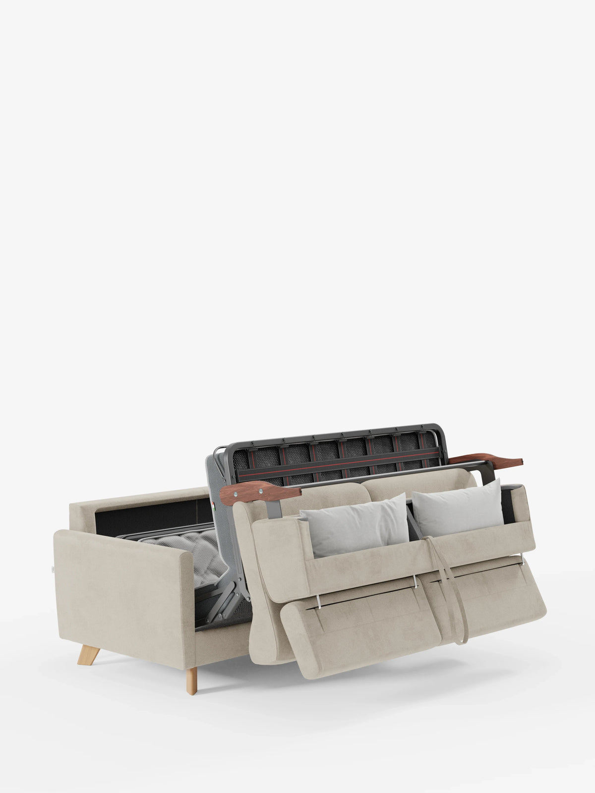 Il divano letto Francy con poggiatesta regolabili di Divani.Store, caratterizzato da un rivestimento beige, sfoderabile al 100%, realizzato in elegante tessuto T30 resistente alle macchie e da robuste gambe in legno, è parzialmente aperto per mettere in risalto il suo stile moderno. Lo schienale regolabile è sollevato, rivelando la struttura interna in metallo e il materasso. Due cuscini di seduta e due cuscini decorativi sono disposti sul divano, a illustrare come questo si trasformi facilmente da divano