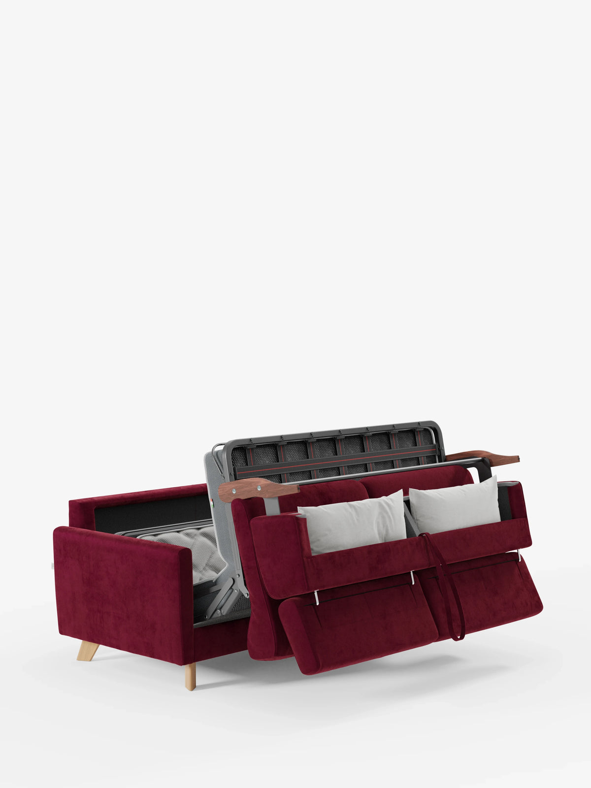 Il divano letto Francy con poggiatesta regolabili di Divani.Store, sfoderabile al 100% in elegante tessuto smacchiabile T30, presenta un design moderno color bordeaux con gambe in legno chiaro. Raffigurato parzialmente aperto per mostrare la struttura del letto estraibile e il materasso, è abbellito da due cuscini bianchi all’interno e dallo schienale inclinato in avanti. Ideale come divano a due posti per il relax diurno, questo versatile complemento d’arredo risalta su uno sfondo bianco a tinta unita.