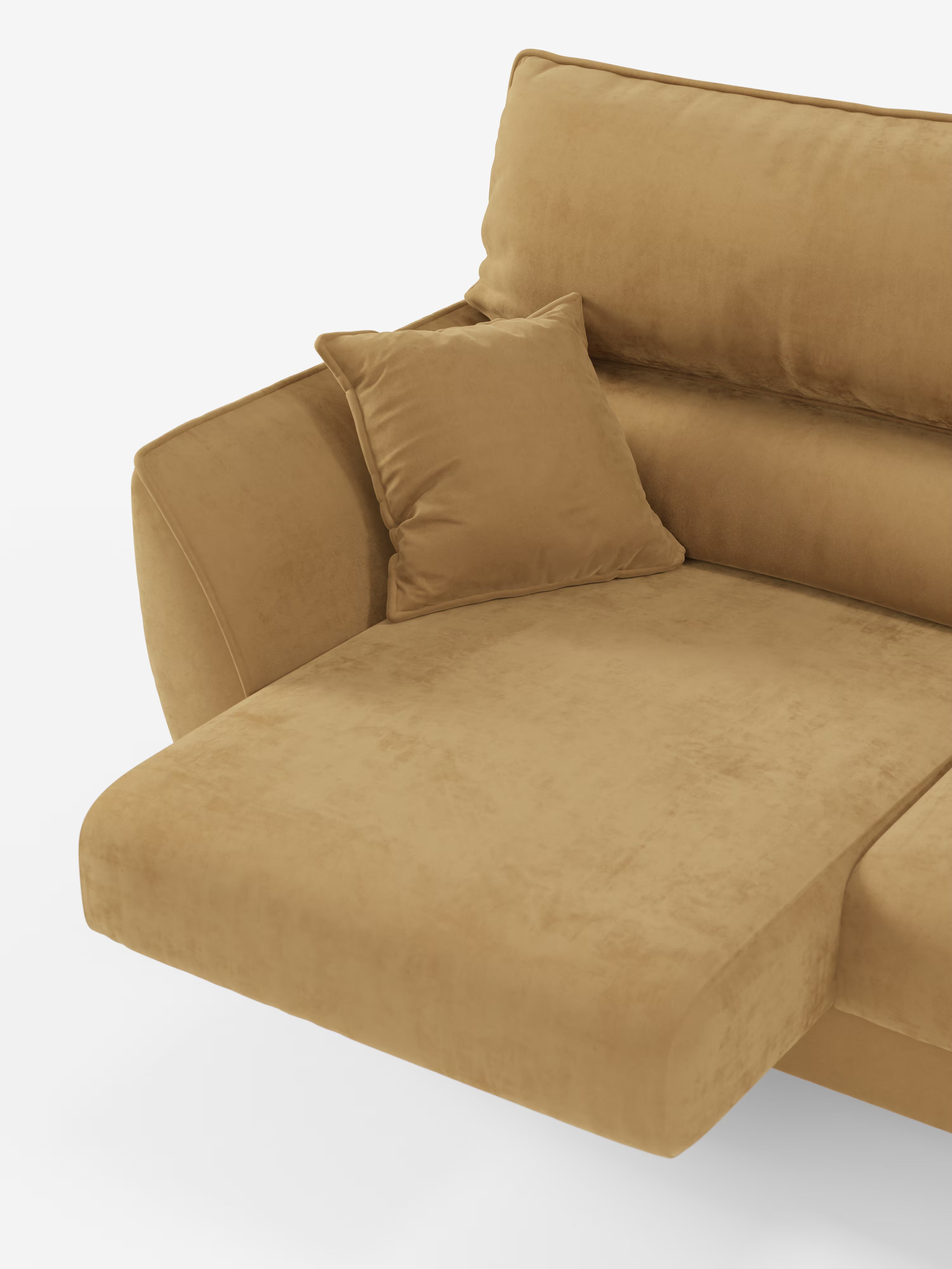 Un primo piano del modello Michelangelo 4 Posti di Divani.Store — un divano componibile contemporaneo rivestito in elegante velluto T30 resistente alle macchie — che presenta tre sedute estensibili, un’ampia chaise longue a sinistra, morbidi cuscini, poggiatesta reclinabili e un cuscino quadrato coordinato su uno sfondo bianco a tinta unita.