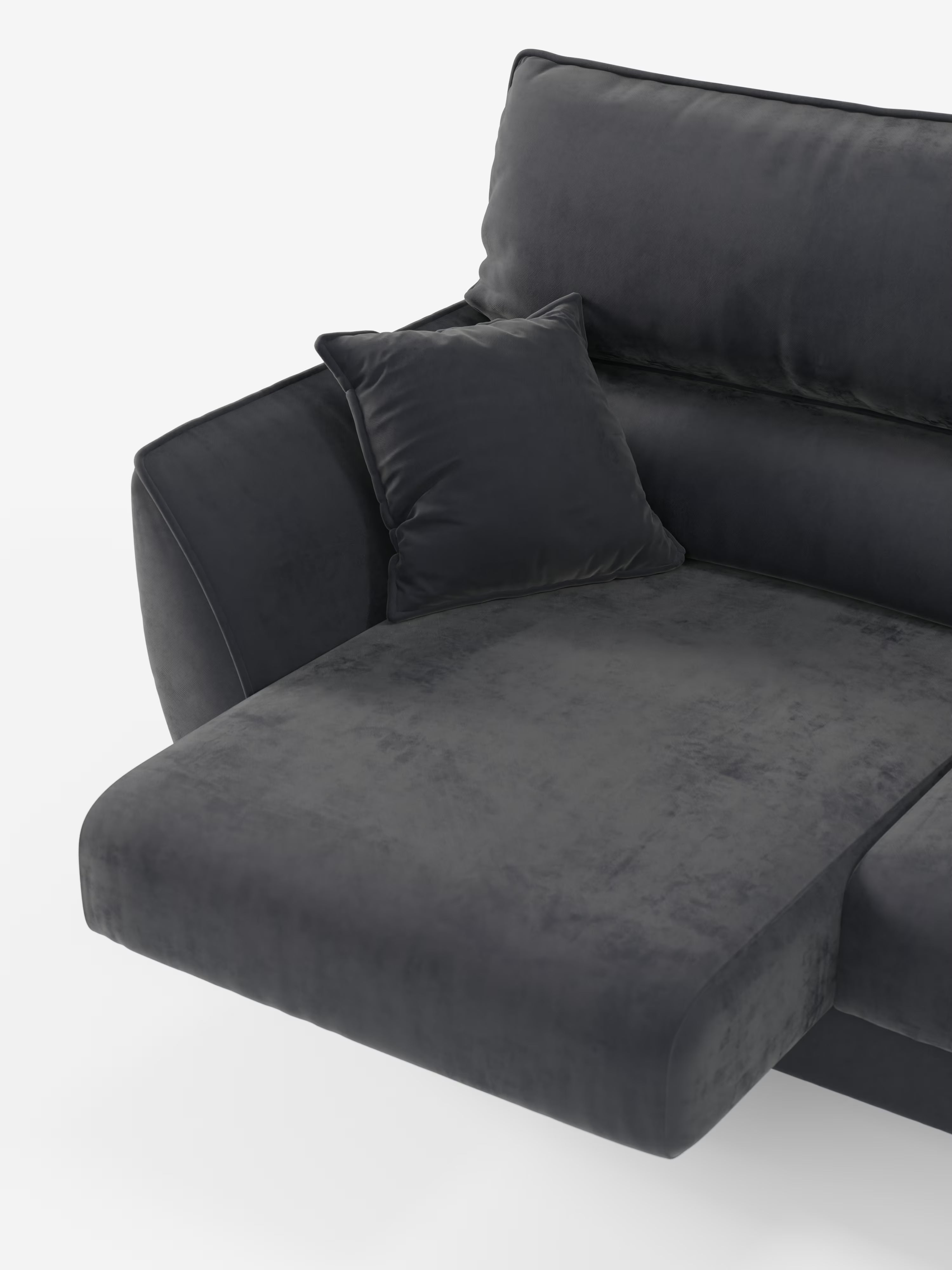 Il divano Michelangelo 4 posti di Divani.Store è un elegante divano componibile moderno rivestito in vellutino smacchiabile T30 grigio scuro, dotato di tre sedute estensibili e poggiatesta reclinabili. Progettato come un divano moderno in stile contemporaneo, vanta una spaziosa chaise longue ed è dotato di un cuscino quadrato abbinato. L’immagine vista dall’alto mette in risalto la trama soffice, i morbidi braccioli e il rivestimento liscio di questo raffinato divano a 4 posti su uno sfondo bianco pulito.