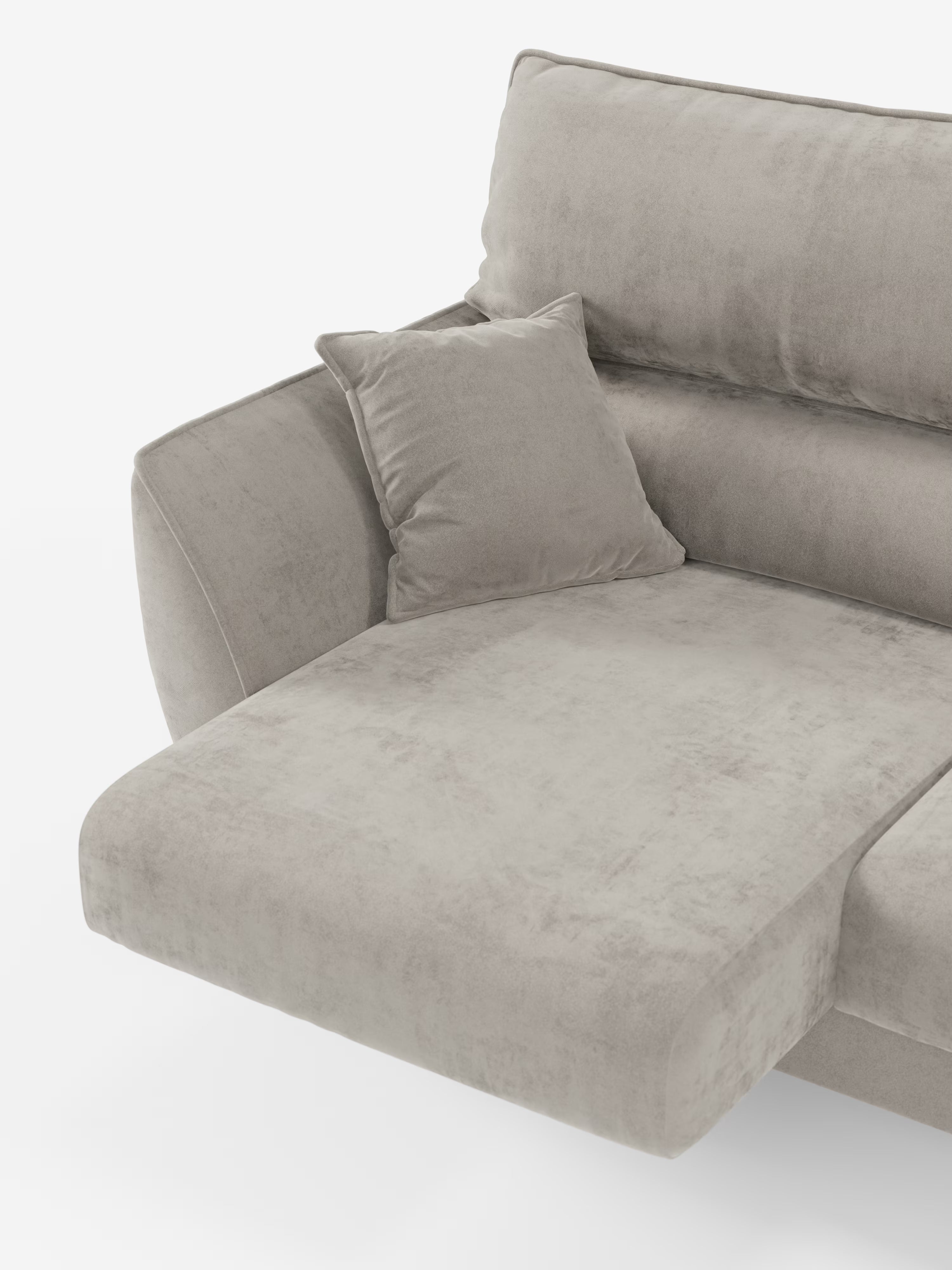 Il divano Michelangelo 4 Posti di Divani.Store è un divano moderno realizzato in elegante tessuto in velluto T30 resistente alle macchie, color beige chiaro. È dotato di tre sedute estraibili, poggiatesta regolabili, un’ampia chaise longue sul lato sinistro, un bracciolo angolato e un cuscino dello schienale imbottito. Un cuscino decorativo abbinato esalta il suo design pulito, minimalista e accogliente, che risalta magnificamente su uno sfondo bianco a tinta unita.