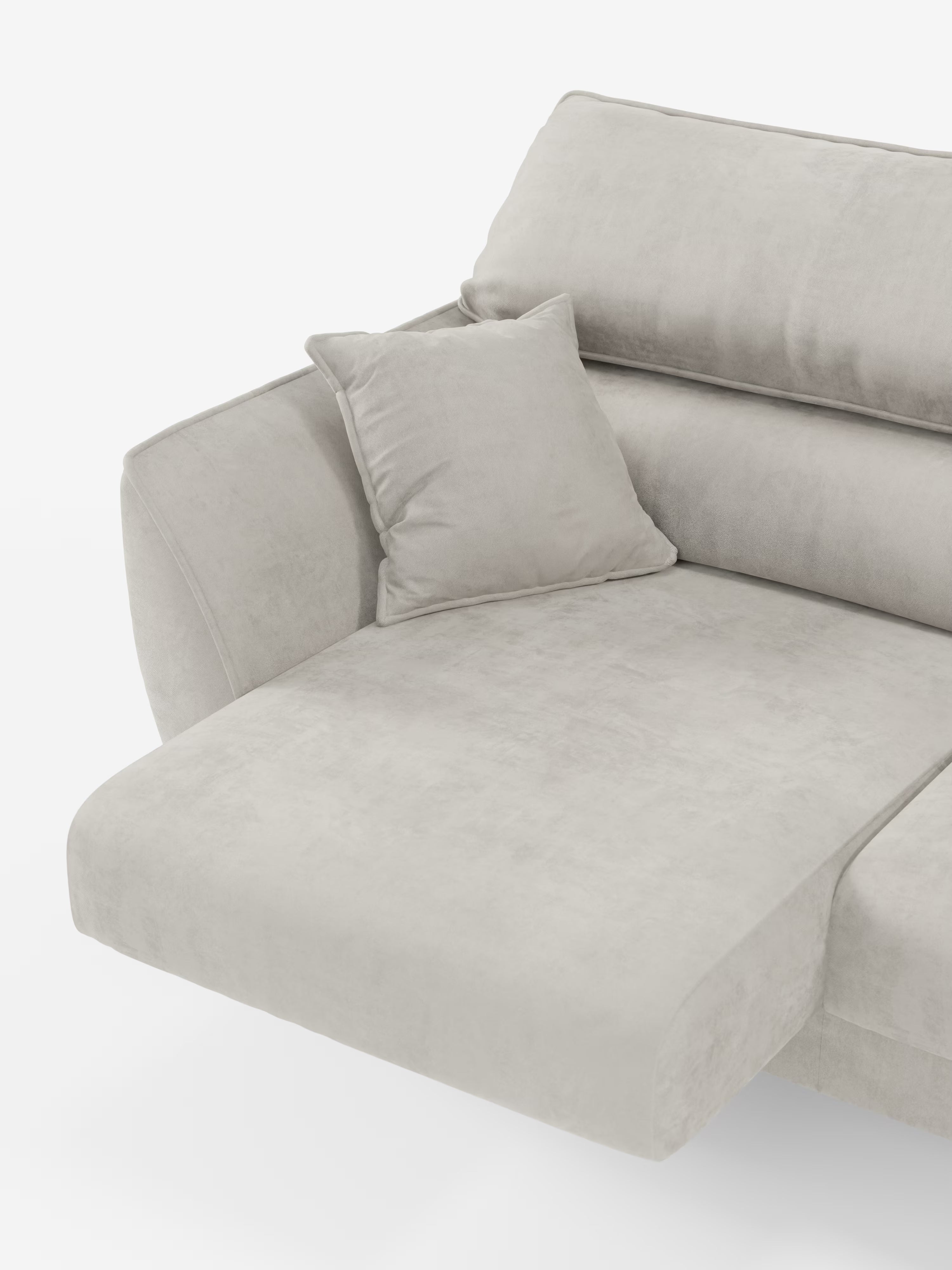 Il divano Michelangelo a 2 e 3 posti di Divani.Store è dotato di sedute estensibili e poggiatesta reclinabili, rivestito in tessuto T30 facile da pulire in una moderna tonalità di grigio chiaro. Con una chaise longue sulla sinistra, la sua texture morbida e soffice e il cuscino quadrato abbinato garantiscono un comfort eccezionale. Su uno sfondo bianco, questo versatile divano componibile si integra perfettamente in qualsiasi ambiente contemporaneo.