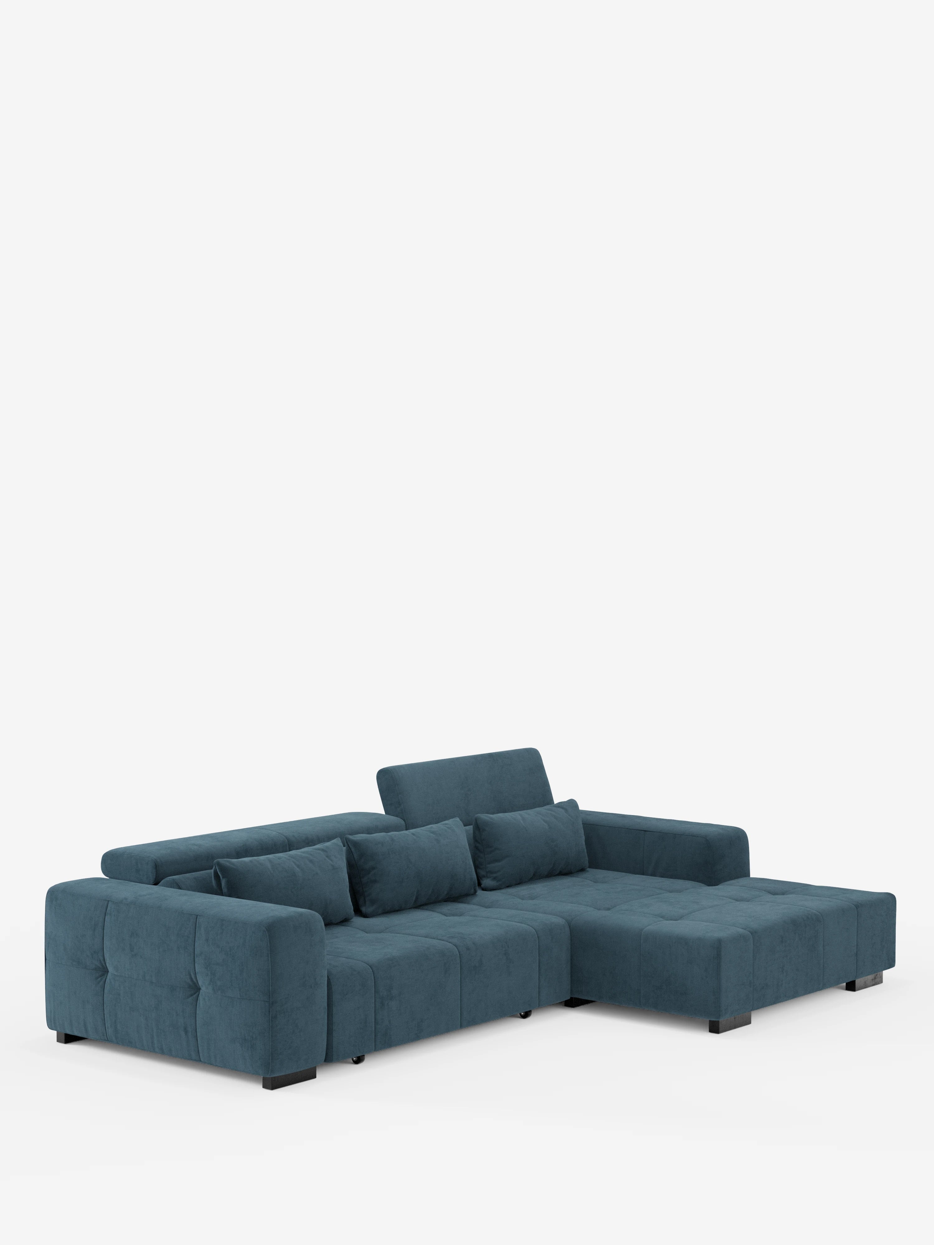 Il divano angolare Monarch con penisola e funzione Relax elettrica per l’allungamento delle sedute di Divani.Store è un moderno divano componibile rivestito in morbido tessuto T31 color verde acqua, resistente alle macchie, caratterizzato da una chaise longue a destra, perfetta come elegante divano con penisola. Vanta schienali bassi, poggiatesta reclinabili e cuscini rettangolari coordinati. Posa su piedini neri corti ed è fotografato su uno sfondo bianco a tinta unita.