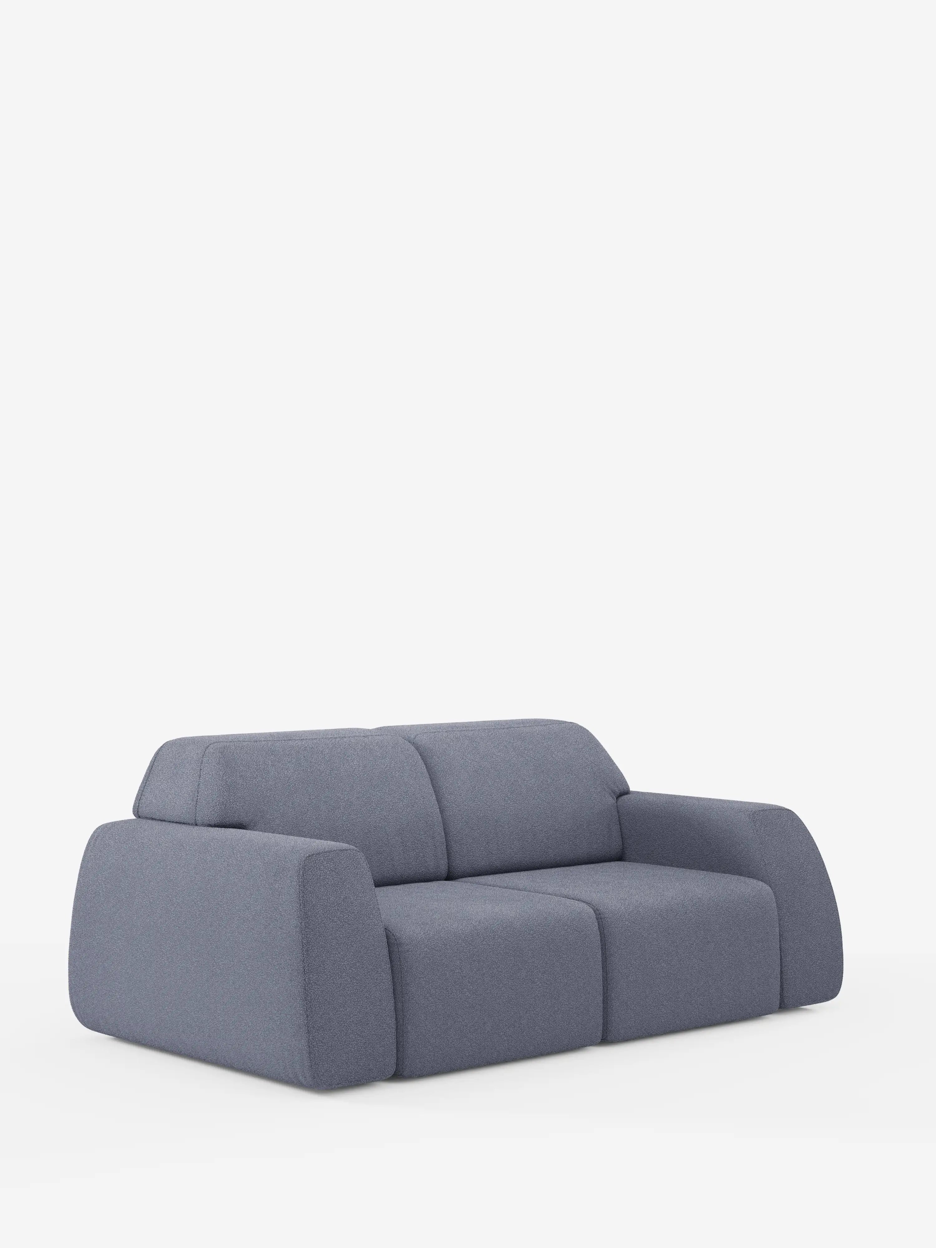 Un divano a due posti dal design contemporaneo e minimalista di Divani.Store: il divano Orbit a 2 e 3 posti è rivestito in un morbido tessuto grigio testurizzato T33 effetto cotone, resistente alle macchie e completamente sfoderabile. Con i bordi delicatamente arrotondati, i cuscini spessi e lo schienale basso, questo design moderno risalta su uno sfondo bianco a tinta unita, creando un look elegante ma semplice.