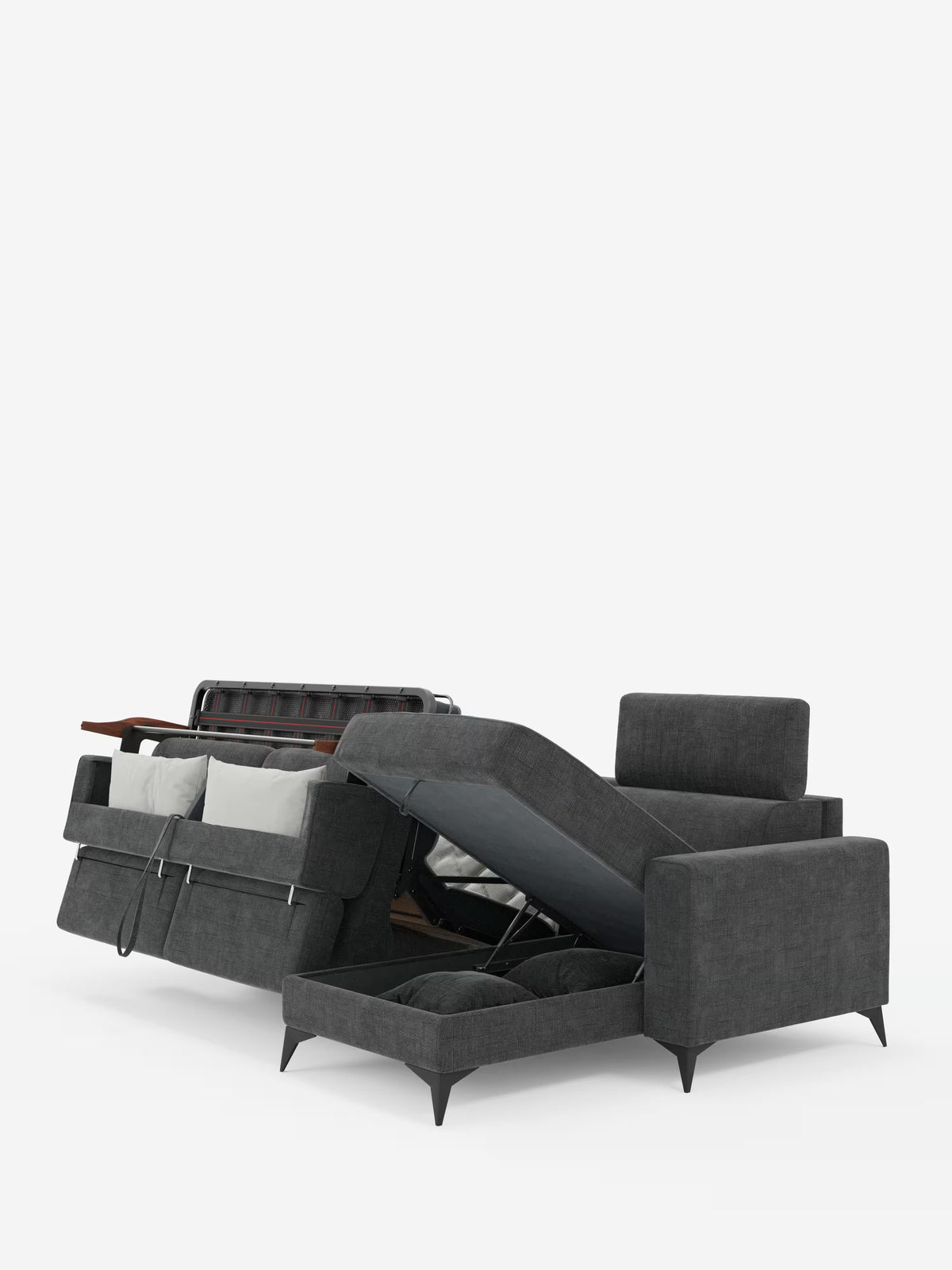 Un divano letto angolare Pegaso di Divani.Store in tessuto jacquard T22 grigio scuro resistente alle macchie, dotato di poggiatesta regolabili, con il letto estraibile parzialmente aperto e la chaise longue sollevata per rivelare l’ampio contenitore a penisola al suo interno, su uno sfondo bianco a tinta unita.