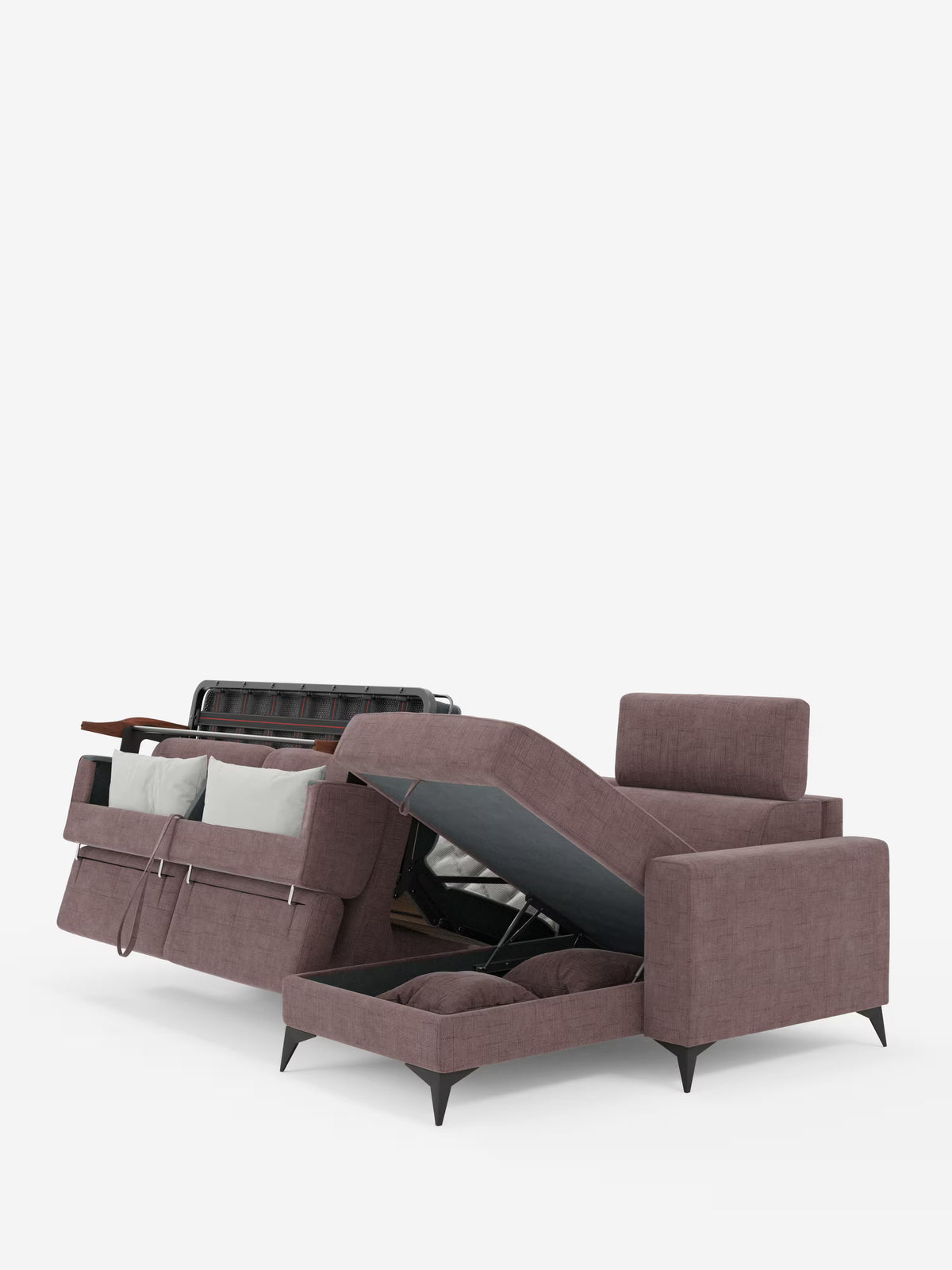 Il divano letto angolare Pegaso con poggiatesta reclinabili di Divani.Store, rivestito in tessuto jacquard smacchiabile T22, presenta gambe nere ed è raffigurato aperto, con la chaise longue a penisola contenitiva che rivela i cuscini bianchi riposti al suo interno. Il meccanismo di estrazione del letto è parzialmente esteso dalla sezione principale.