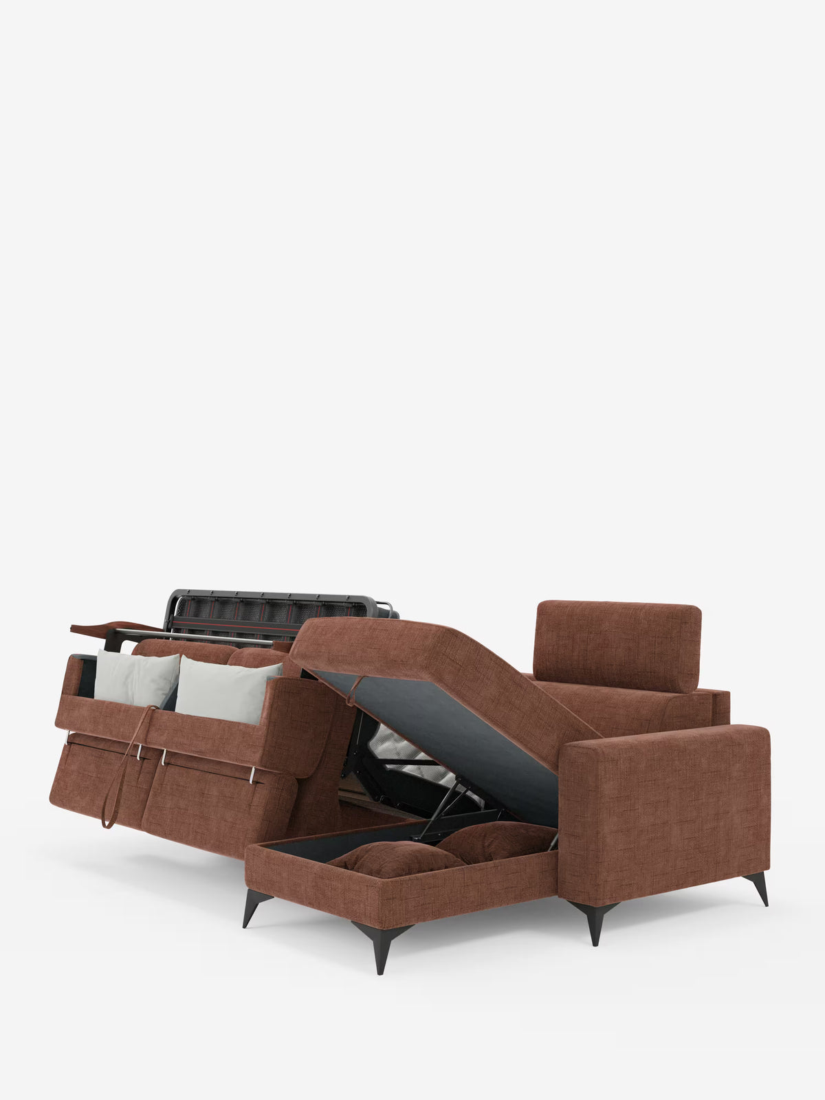 Il divano letto angolare Pegaso di Divani.Store, rivestito in tessuto jacquard T22 di facile pulizia, è dotato di due ampi vani contenitore — uno sotto la chaise longue (penisola contenitore) e un altro sotto la seduta principale — entrambi apribili per rivelare cuscini e cuscinetti riposti con cura. Con linee moderne, poggiatesta reclinabili ed eleganti gambe nere che risaltano su uno sfondo bianco a tinta unita, questo divano contemporaneo coniuga perfettamente funzionalità e stile sofisticato.