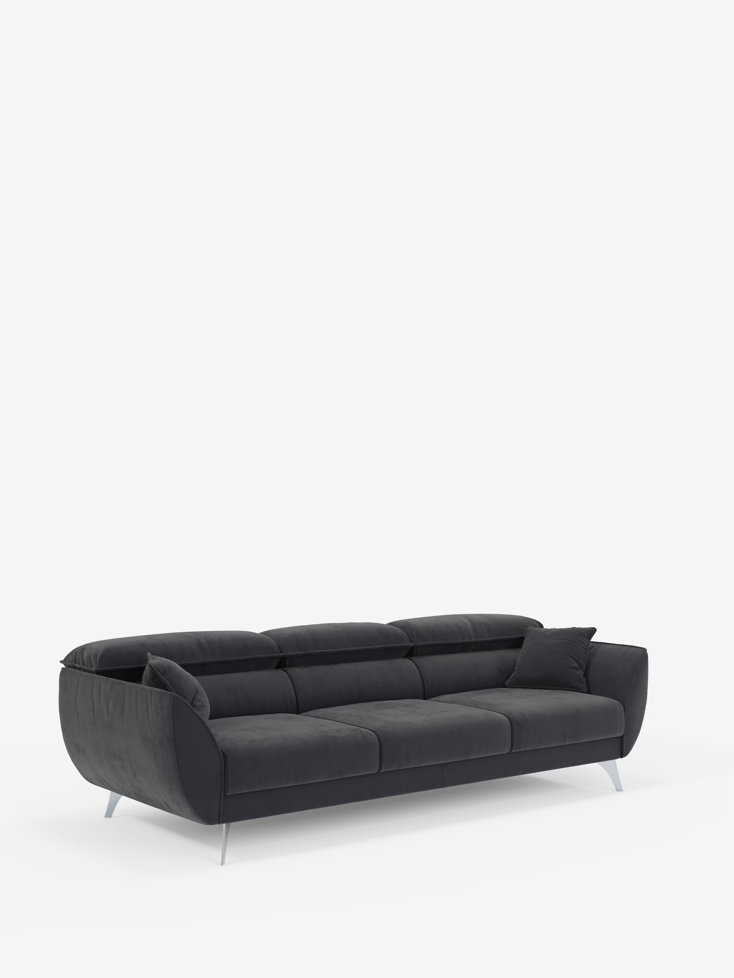 Il divano Michelangelo 4 Posti di Divani.Store è un divano moderno di colore grigio scuro, dotato di tre cuscini di seduta estraibili e poggiatesta regolabili, rivestito in elegante velluto T30 resistente alle macchie. Caratterizzato da sottili gambe argentate, braccioli arrotondati e un cuscino decorativo abbinato sull’estremità destra per un maggiore comfort, questo divano è presentato su uno sfondo bianco a tinta unita.