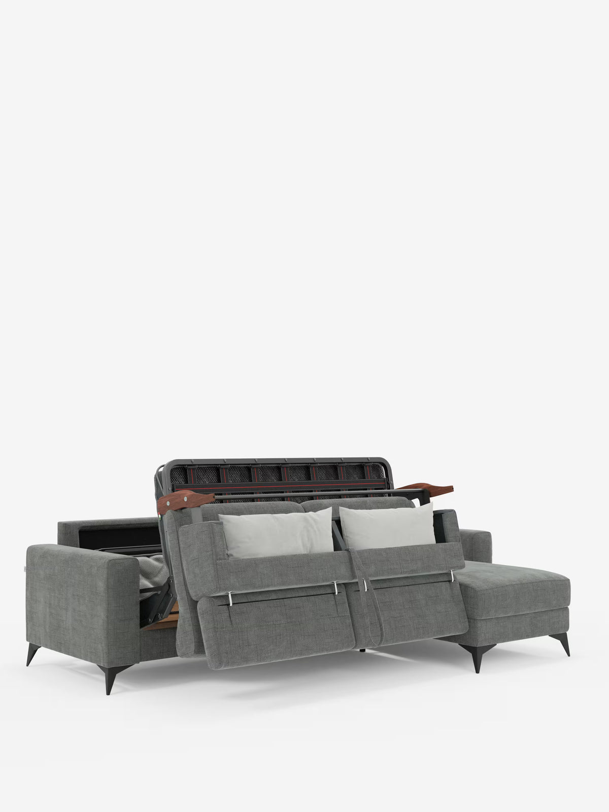 Il divano letto angolare Pegaso di Divani.Store è presentato nella versione in tessuto jacquard T22 di facile pulizia, con cuscini grigio chiaro e seduta e schienale sollevabili per rivelare uno spazio contenitore nascosto, ideale per mantenere in ordine la zona giorno. Questo divano presenta moderne gambe nere e una chaise longue a penisola con contenitore su un lato, fondendo perfettamente stile e praticità. I poggiatesta reclinabili aggiungono un ulteriore tocco di comfort e versatilità.