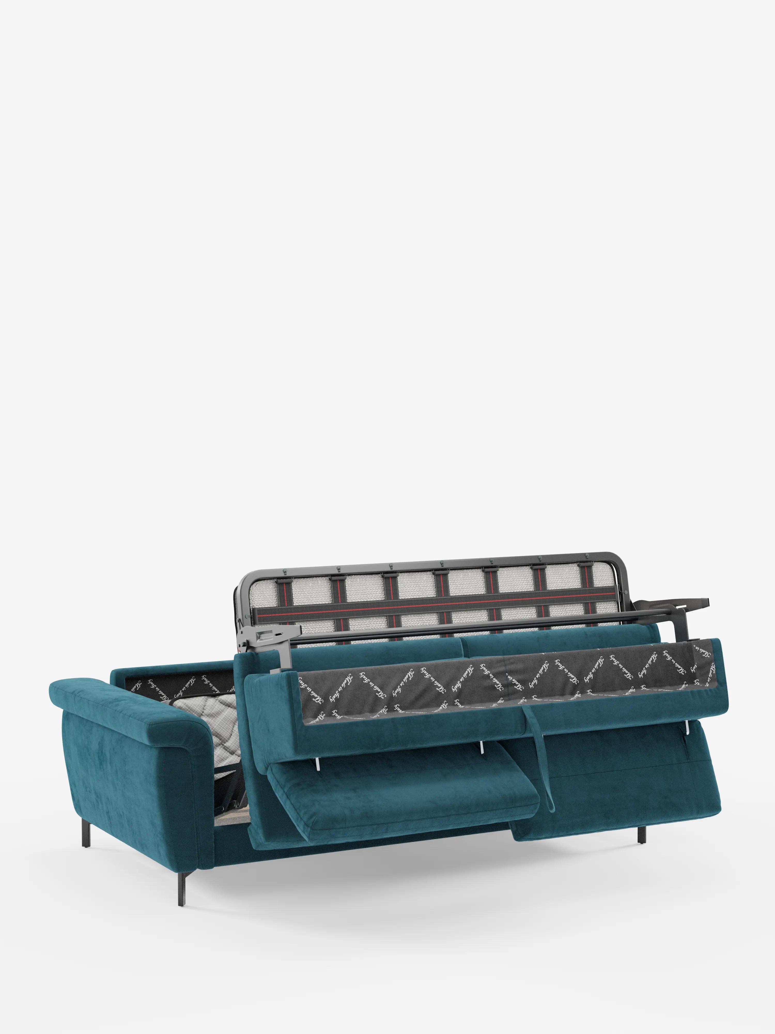 Capri divano letto di design con piedini alti - poggiatesta reclinabili in raffinato tessuto effetto velluto smacchiabile T30