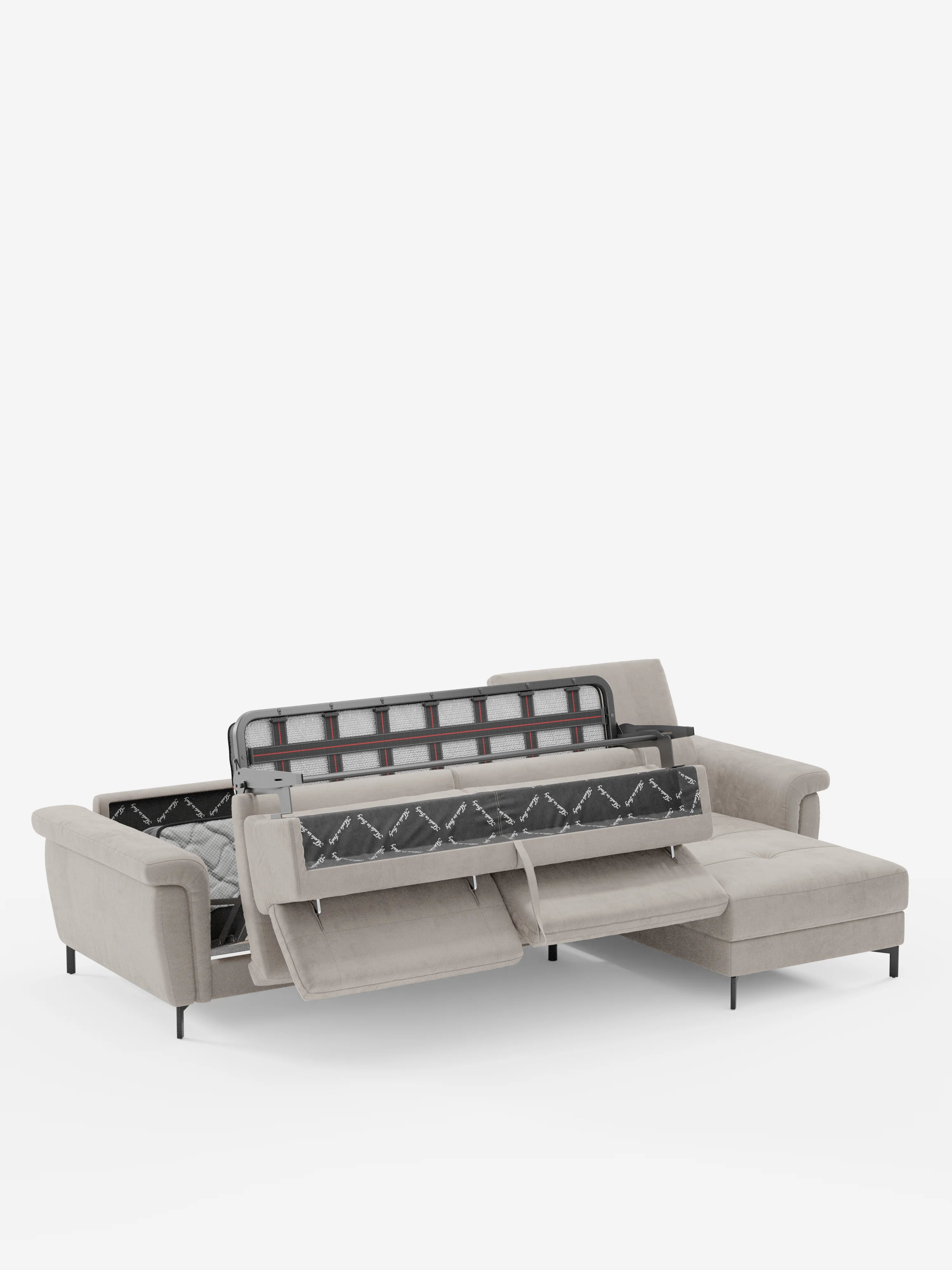 Capri Divano letto angolare con penisola contenitore e poggiatesta reclinabili - elegante tessuto smacchiabile T30