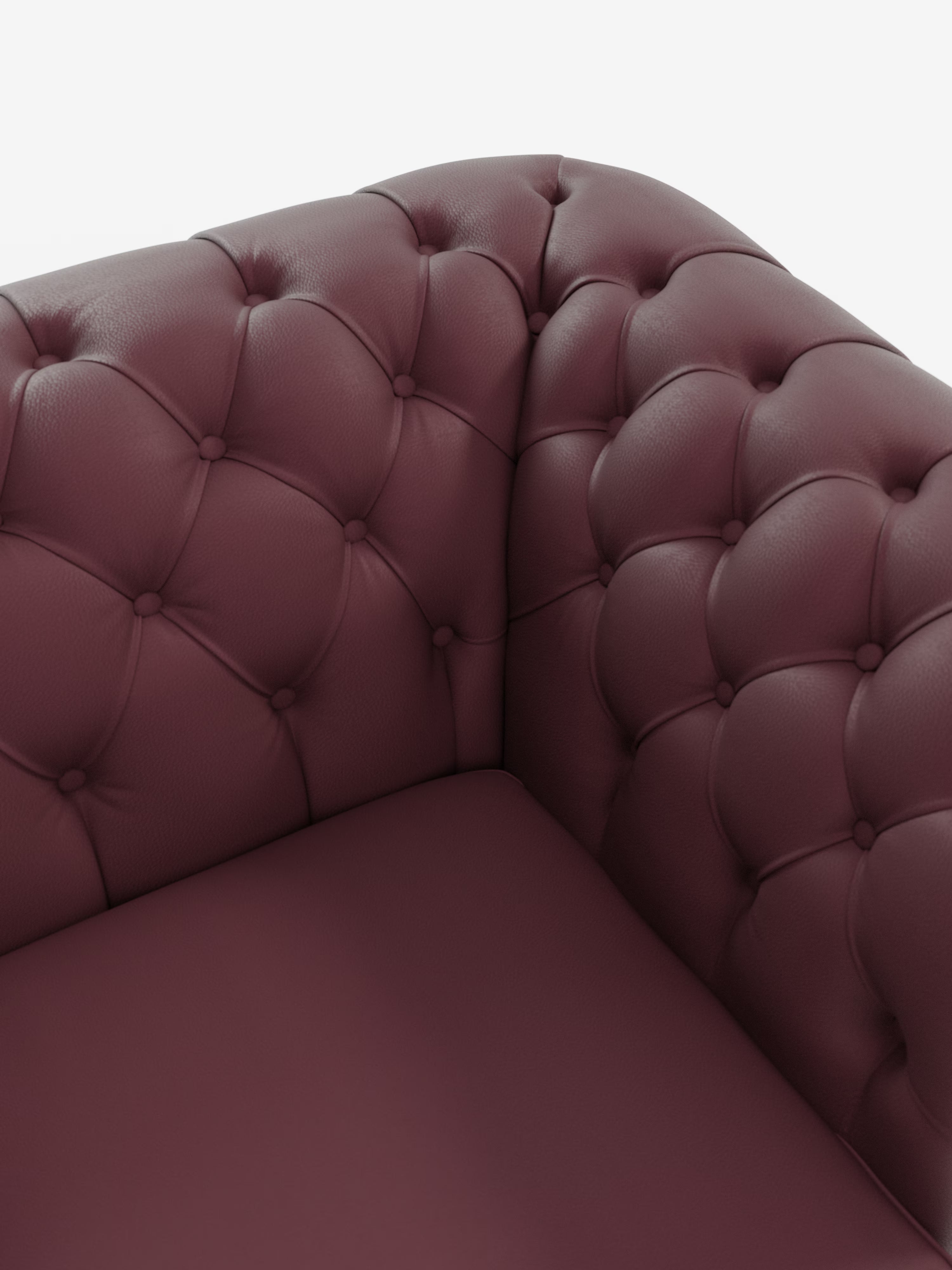 Primo piano dell'angolo del divano Chester 4 Posti 3 sedute in Vera Pelle – Chesterfield Capitonné Artigianale di Divani.Store, che mette in risalto la sua pelle marrone scuro trapuntata con bottoni profondi e imbottitura morbida. Il rivestimento in vera pelle, liscio e dalla texture particolare, mette in risalto la maestria artigianale e un design classico e intramontabile ispirato all’iconico Chesterfield. Il tutto su uno sfondo bianco a tinta unita.