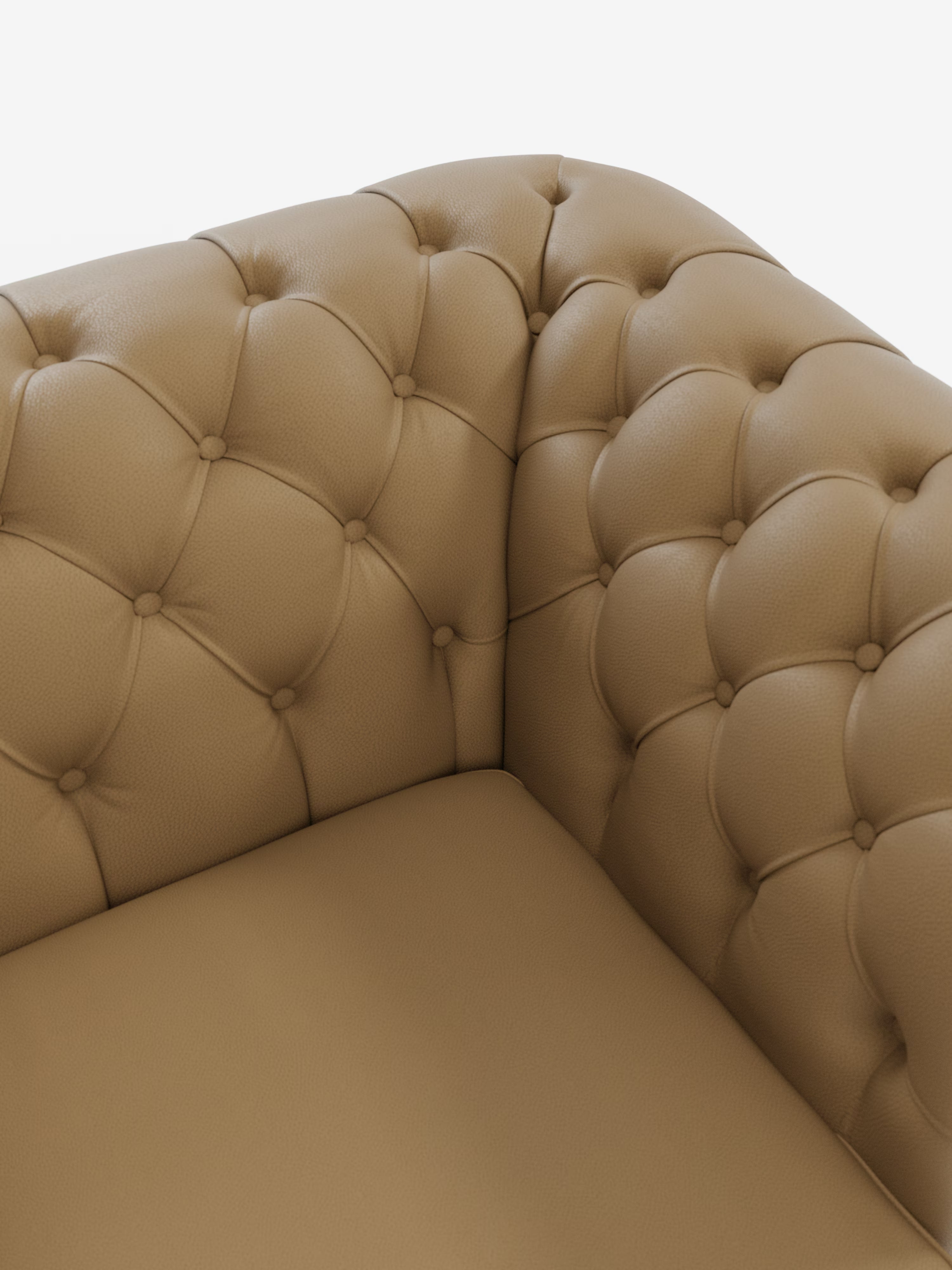 Vista angolare del Chester 4 Posti 3 sedute in Vera Pelle – Chesterfield Capitonné Artigianale di Divani.Store, un divano in pelle color cuoio caratterizzato da profondi bottoni e da una seduta morbida con cuciture a rombi lungo lo schienale. Realizzato con maestria in Italia nel intramontabile stile Chesterfield utilizzando vera pelle, questo divano presenta una superficie dalla texture morbida che ne esalta il design raffinato ed elegante.