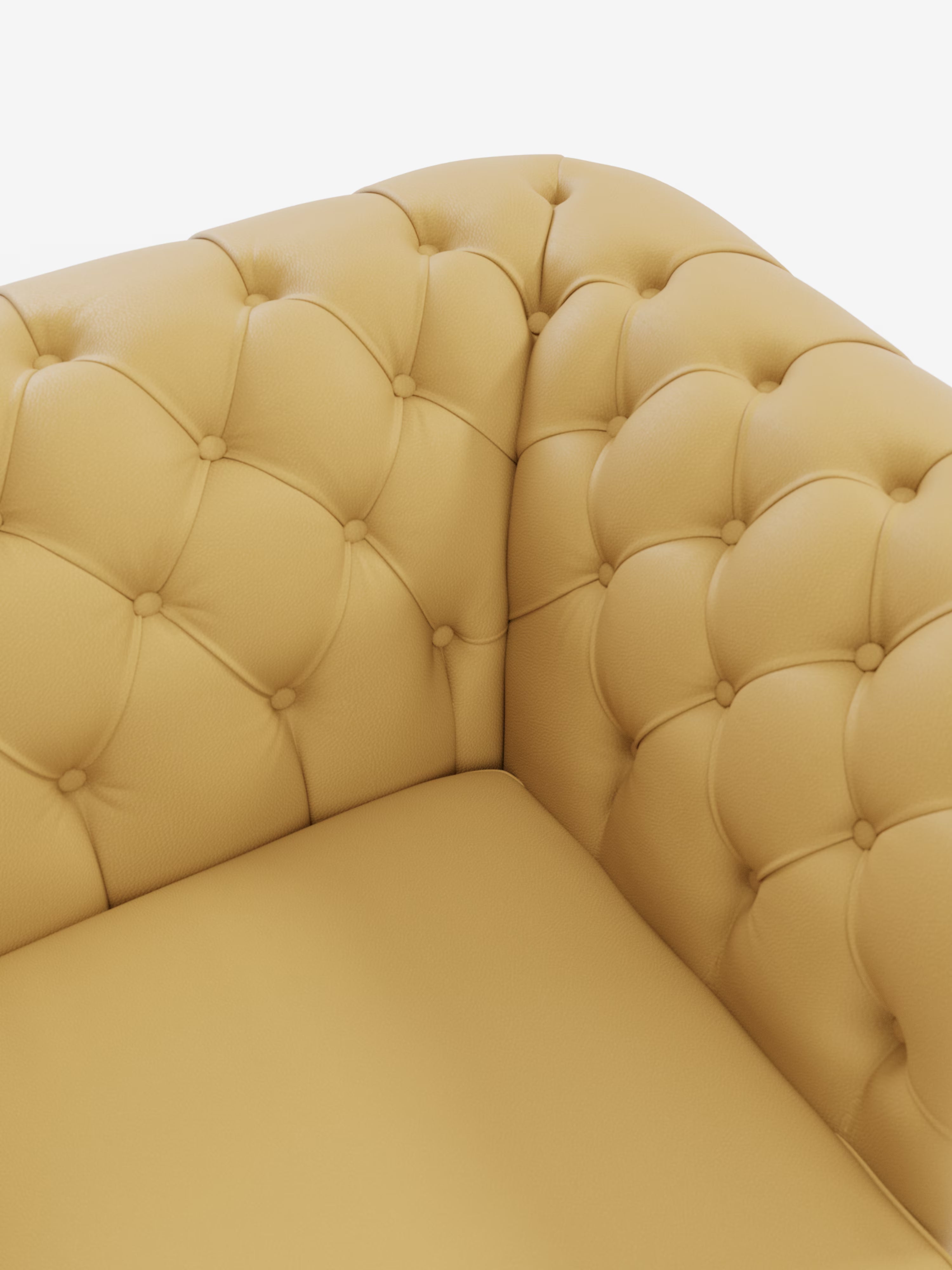 Primo piano del divano Chester 4 Posti 3 sedute in vera pelle – Chesterfield Capitonné Artigianale di Divani.Store, caratterizzato da un angolo in pelle capitonné giallo senape con motivo trapuntato e bottoni sullo schienale e sui braccioli, e da un cuscino di seduta liscio in vera pelle; sfondo bianco.