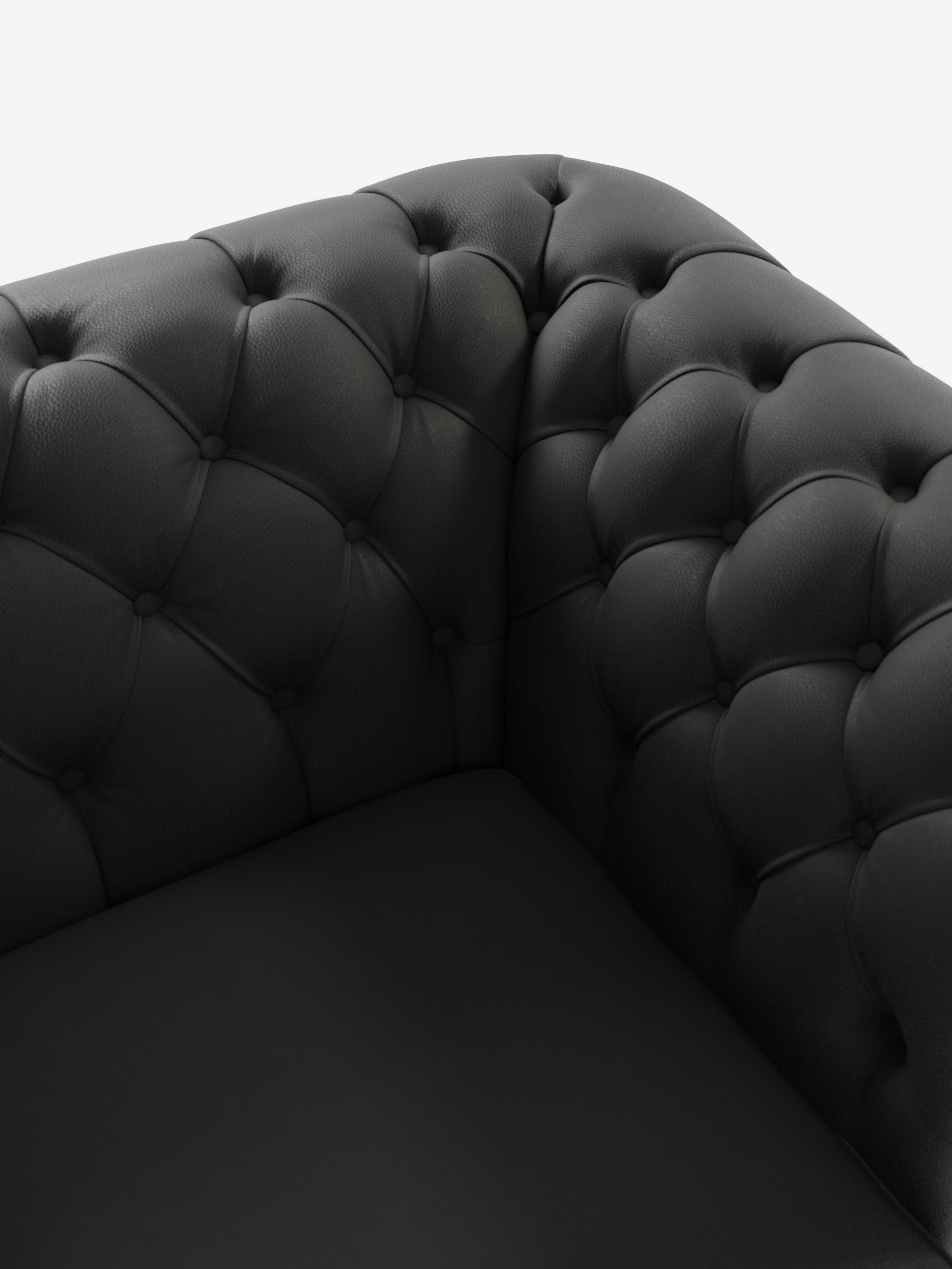 Primo piano del Chester 4 Posti 3 sedute in Vera Pelle – Chesterfield Capitonné Artigianale di Divani.Store, con un divano ad angolo in pelle nera trapuntata. La profonda trapuntatura a bottoni forma un elegante motivo a rombi sulla superficie in vera pelle, conferendole un aspetto morbido e lussuoso che riflette il classico stile Chesterfield. Lo sfondo è bianco a tinta unita.