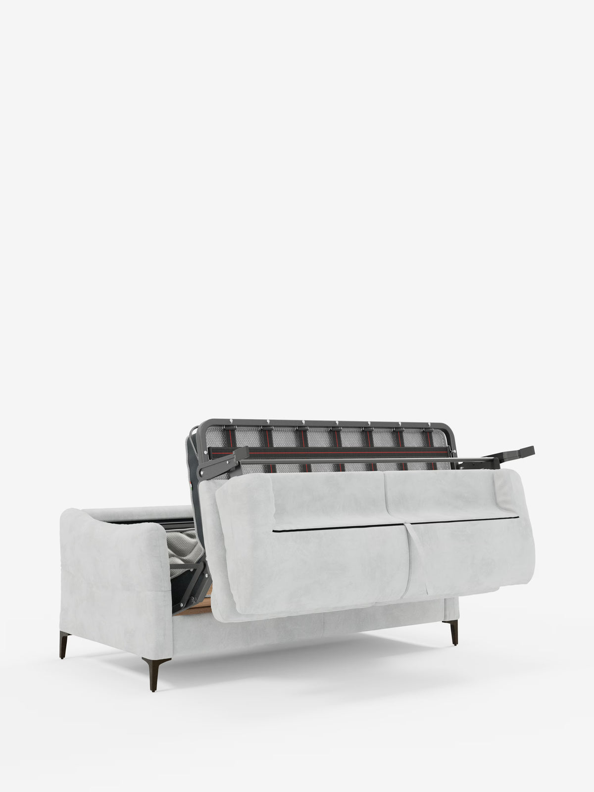 Il divano letto Dalia di Divani.Store, in stile contemporaneo e rivestito in grigio chiaro, è disponibile nelle versioni a 2, 3 e 4 posti e presenta un tessuto T30 liscio e antimacchia dall’effetto vellutato. Questo divano moderno si caratterizza per una silhouette squadrata, con gambe corte e angolate in legno scuro e una seduta imbottita in modo generoso per un comfort ottimale. Lo schienale si solleva per rivelare un comodo vano contenitore nascosto, mentre il materasso H18 integrato lo rende una