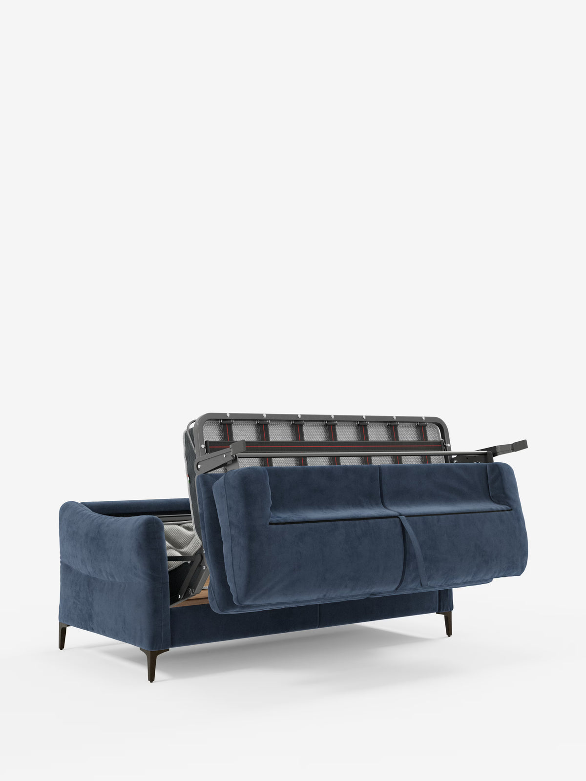 Il divano letto Dalia blu navy a 2, 3 e 4 posti con materasso H18, realizzato in moderno tessuto vellutato antimacchia T30 di Divani.Store, è raffigurato con lo schienale parzialmente sollevato per mostrare il meccanismo di estrazione del letto. Il divano presenta gambe corte in legno scuro ed è fotografato su uno sfondo bianco a tinta unita. I suoi morbidi cuscini e i braccioli arrotondati conferiscono a questo moderno complemento d’arredo in stile scandinavo un aspetto invitante e confortevole.