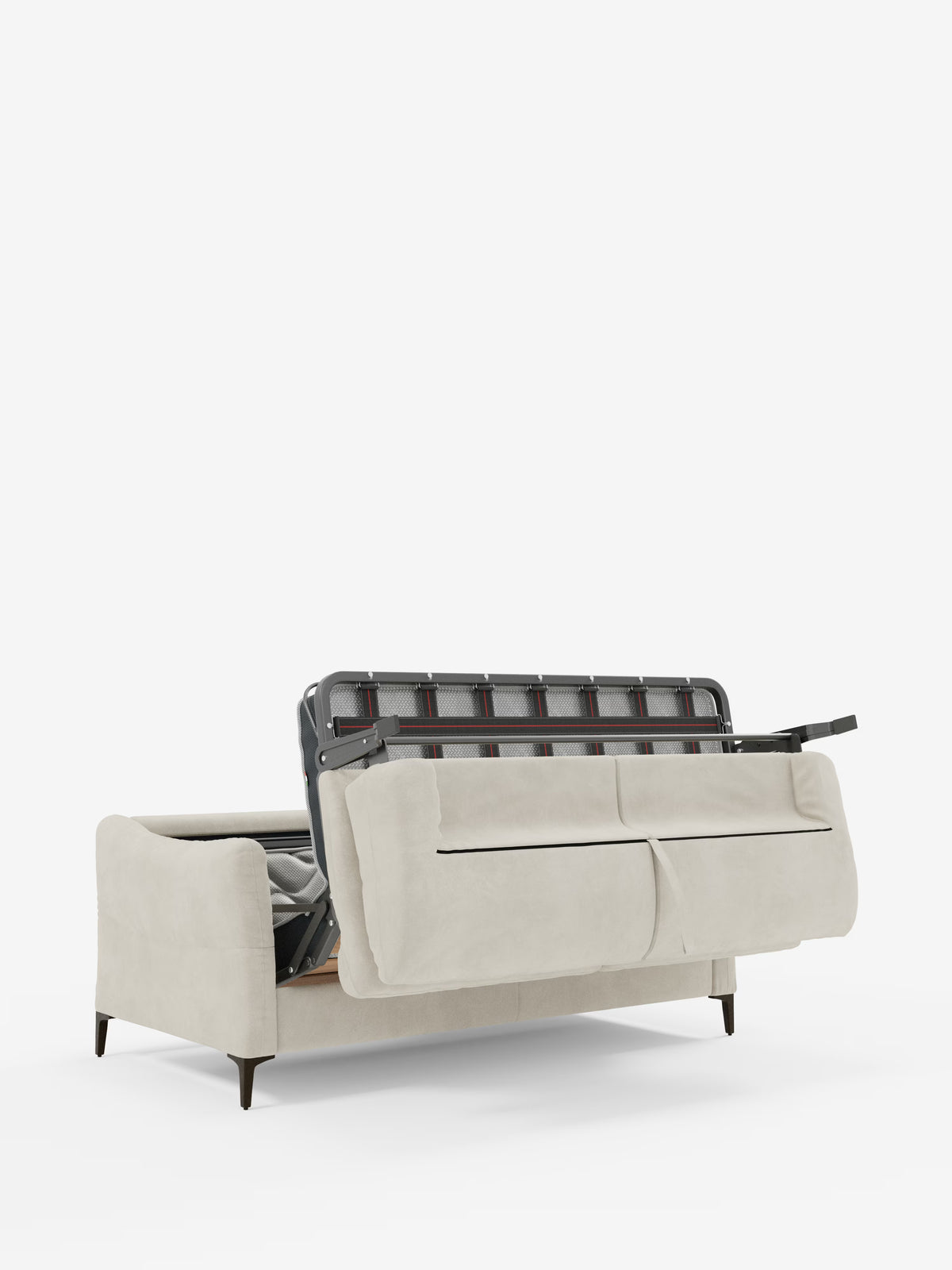 Nella foto è raffigurato il divano letto Dalia, disponibile nelle versioni a 2, 3 e 4 posti, rivestito in beige con materasso H18 in moderno tessuto vellutino antimacchia T30 di Divani.Store, con la seduta sollevata per mostrare l’ampio vano contenitore sottostante. Il divano presenta braccioli leggermente arrotondati, gambe in legno scuro e una robusta struttura in metallo che sostiene la parte inferiore della seduta. Con linee pulite e un design pratico ispirato allo stile scandinavo, questo modello di
