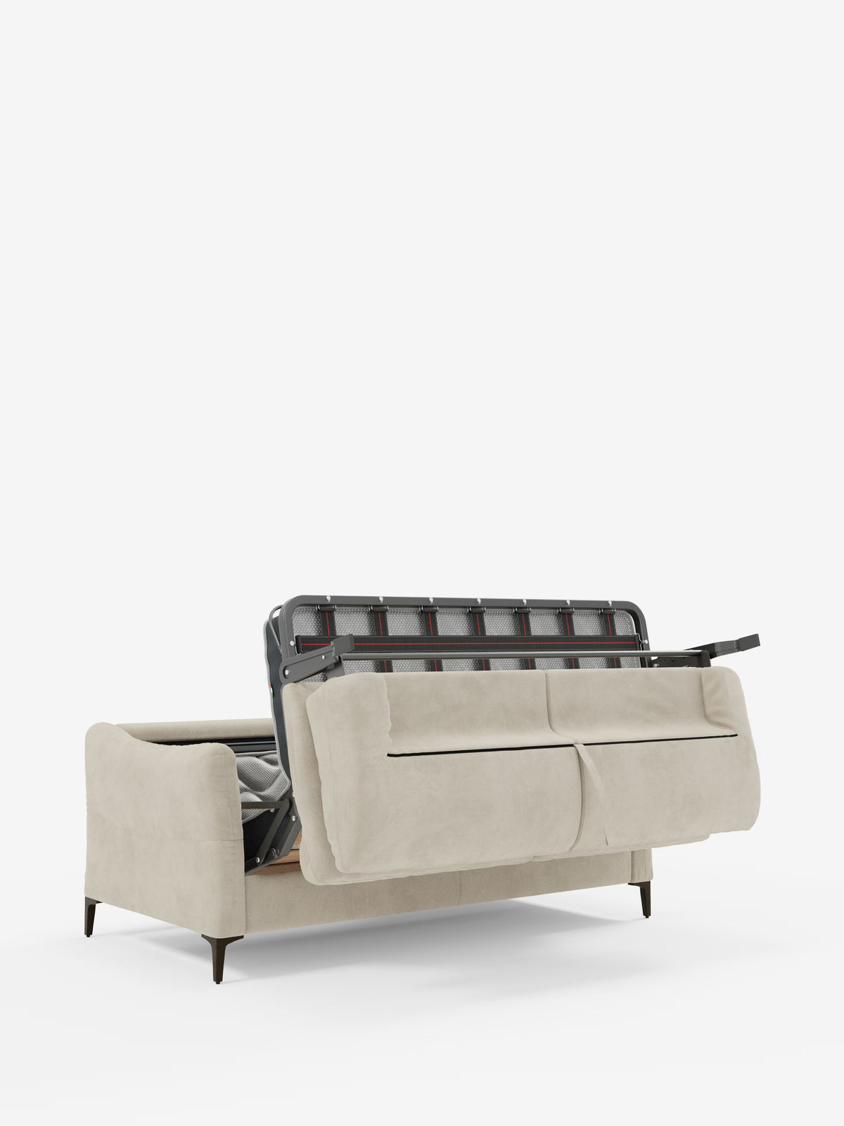 Il divano letto Dalia di Divani.Store, qui raffigurato in un moderno tessuto T30 in vellutino smacchiabile color beige, presenta gambe sottili e angolate in legno scuro ed è parzialmente aperto per rivelare il vano contenitore nascosto e il meccanismo interno. L'immagine è inquadrata su un semplice sfondo bianco.