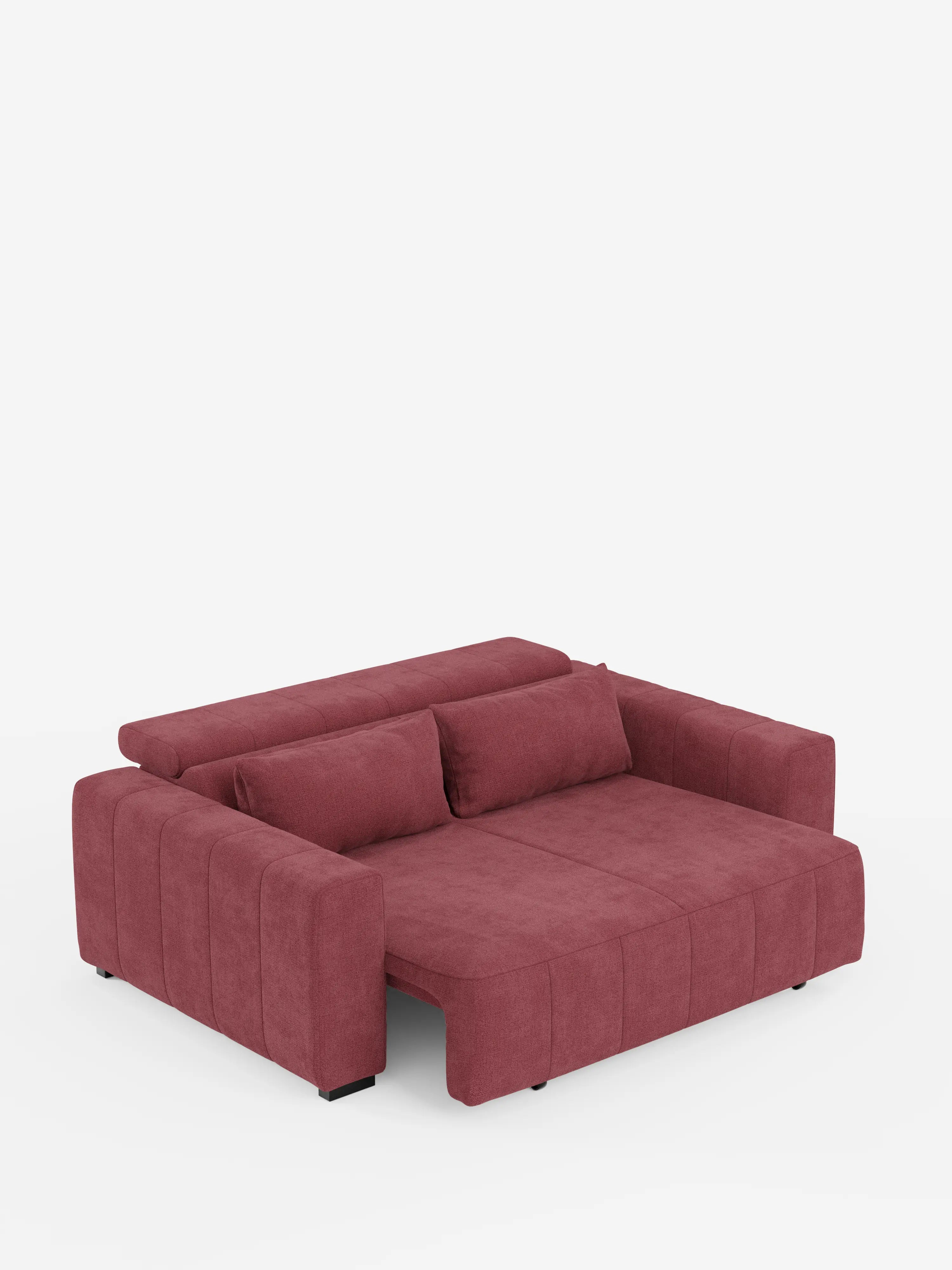 Un divano a 3 posti in stile dorico contemporaneo di Divani.Store, rivestito in tessuto T23 di facile pulizia, caratterizzato da un design lussuoso e trapuntato con braccioli bassi e ampio schienale. Ispirato allo stile italiano moderno, questo divano rosso offre sedute estensibili con funzione relax elettrica e poggiatesta reclinabile. Presentato su uno sfondo bianco a tinta unita.