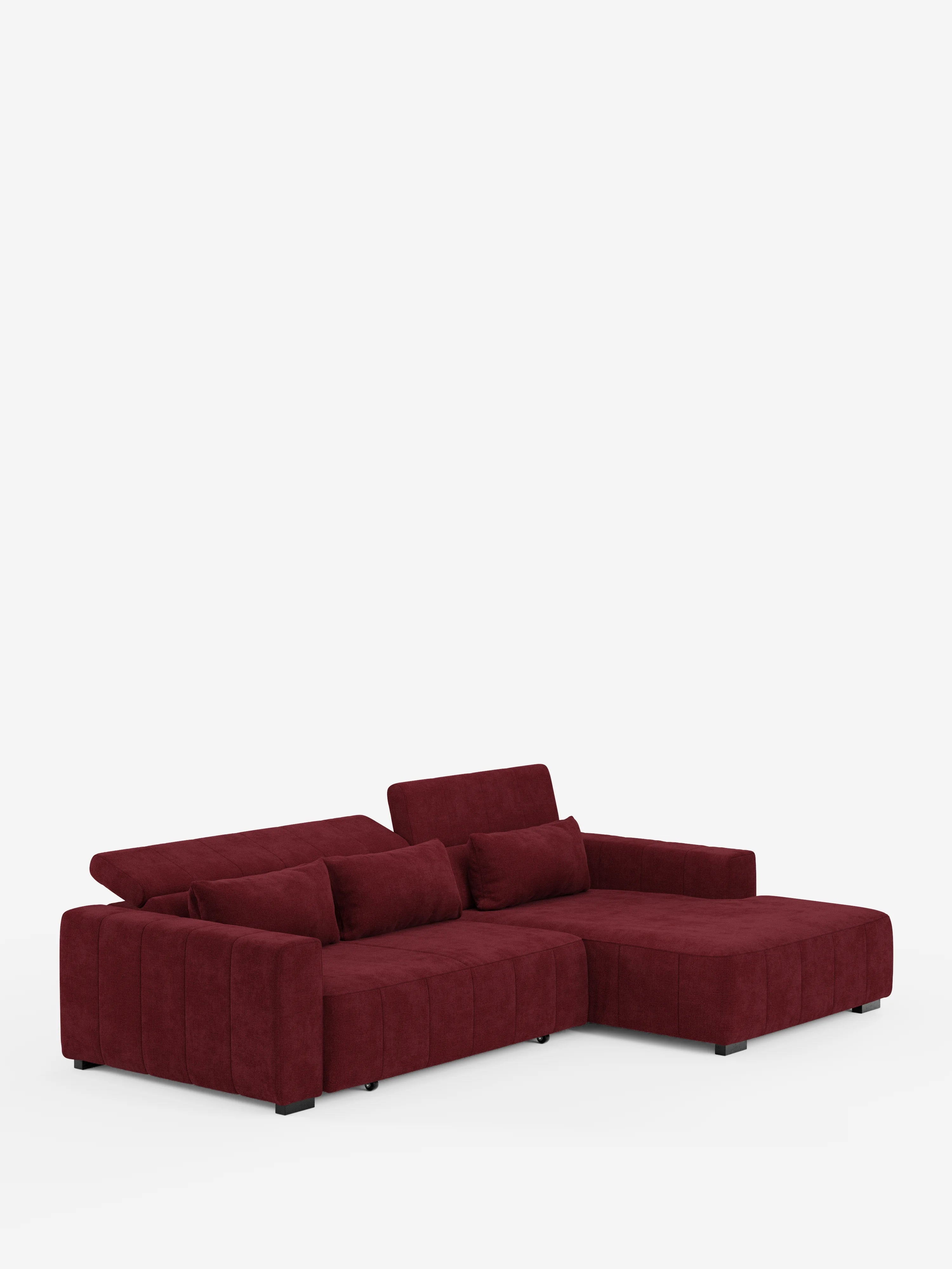 Il divano angolare con penisola Doric di Divani.Store è un divano componibile contemporaneo rivestito in tessuto T23 color bordeaux scuro, facile da pulire. Caratterizzato da sedute ampie e morbide con funzione relax elettrica e da braccioli bassi e larghi per un comfort superiore, questo elegante divano è dotato di poggiatesta reclinabili e regolabili su uno degli schienali e poggia su piccole gambe nere su uno sfondo bianco a tinta unita.