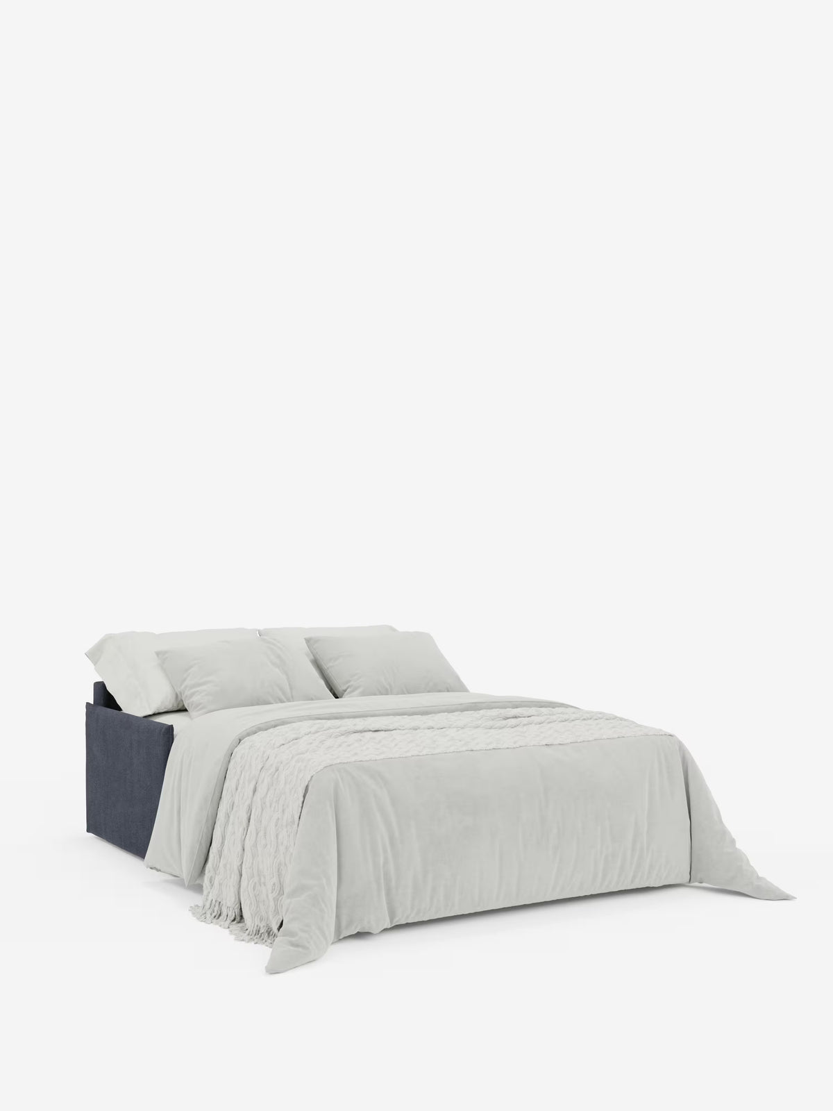 Un divano letto matrimoniale contemporaneo Evans sfoderabile di Divani.Store — caratterizzato da un design compatto, una struttura in tessuto scuro antimacchia (T23), un pratico vano porta-cuscini, biancheria da letto grigio chiaro, due cuscini e una coperta con trama in rilievo — è messo in risalto su uno sfondo bianco a tinta unita per un maggiore comfort e uno stile moderno.