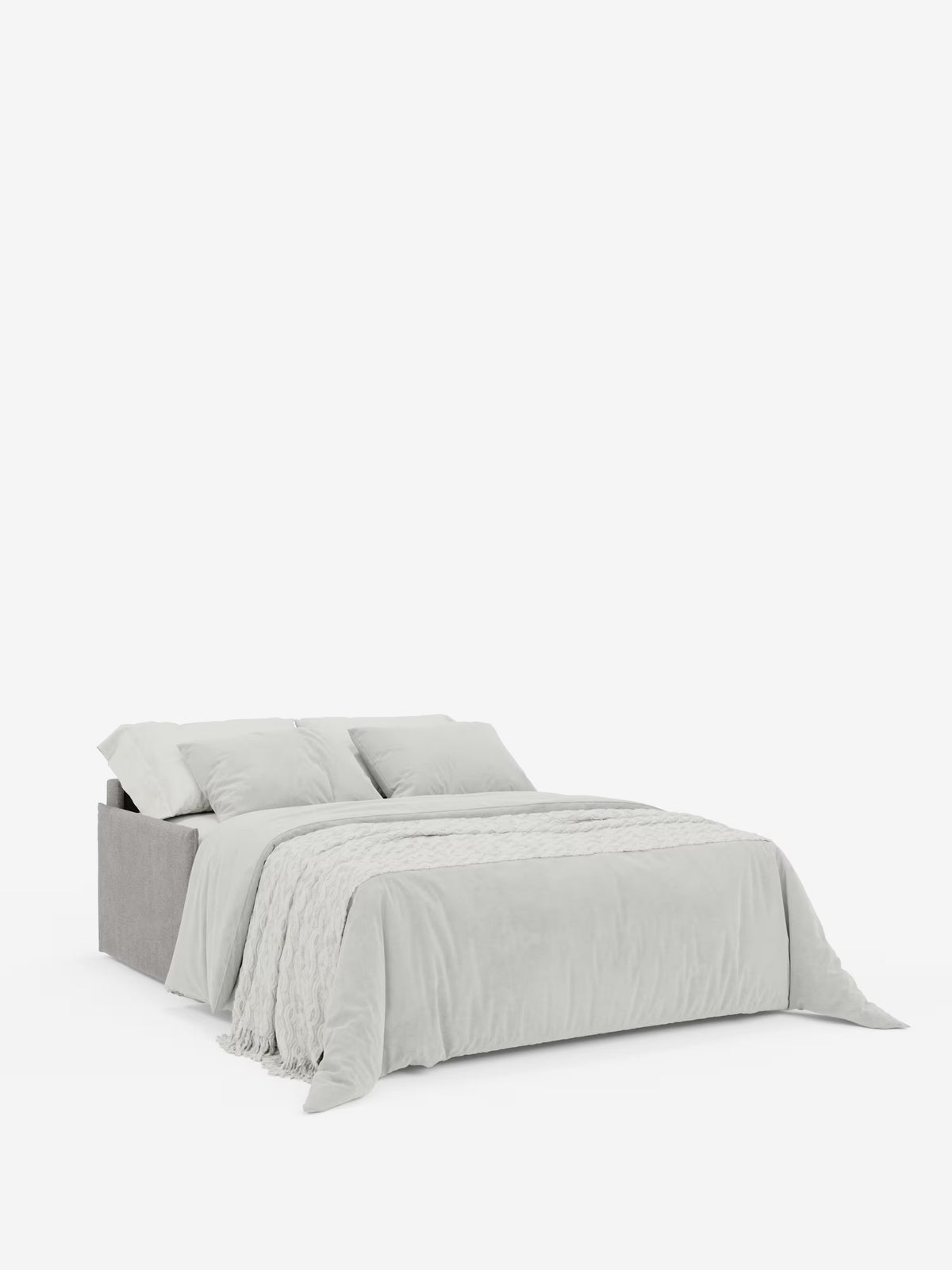 Un letto moderno dalle linee pulite: il divano letto matrimoniale sfoderabile Evans di Divani.Store presenta una struttura rivestita in tessuto T23 grigio chiaro e antimacchia, caratterizzata da un design compatto e da un vano porta-cuscini integrato. Due grandi cuscini e un soffice piumone grigio chiaro evocano il comfort di un materasso spazioso. Una coperta testurizzata è drappeggiata sulla metà inferiore, mentre lo sfondo bianco a tinta unita ne esalta l’estetica pulita e minimalista.