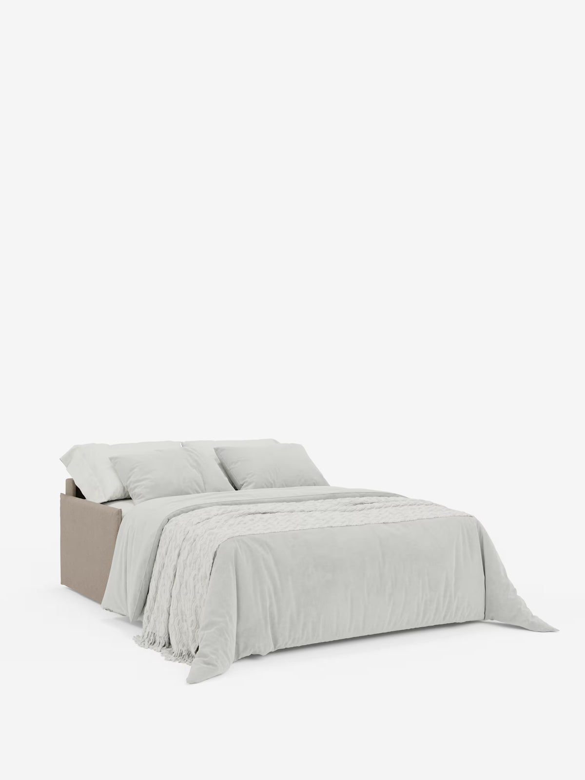 Un divano letto matrimoniale sfoderabile Evans di Divani.Store, dallo stile impeccabile, caratterizzato da un design compatto con base imbottita beige, biancheria da letto grigio chiaro, due grandi cuscini e un plaid testurizzato in tessuto T23 smacchiabile dotato di un pratico vano portaoggetti per i cuscini, spicca su uno sfondo bianco a tinta unita.