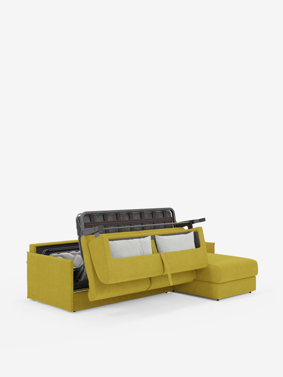 Il divano letto angolare con penisola contenitore Evans di Divani.Store è un moderno divano letto giallo dotato di un vano portaoggetti a vista sotto la seduta, che rivela al suo interno la biancheria da letto e i cuscini. Con le sue linee pulite, i braccioli squadrati, il design compatto in tessuto smacchiabile T23 e la spaziosa penisola contenitore con chaise longue, il divano si distingue su uno sfondo bianco a tinta unita.