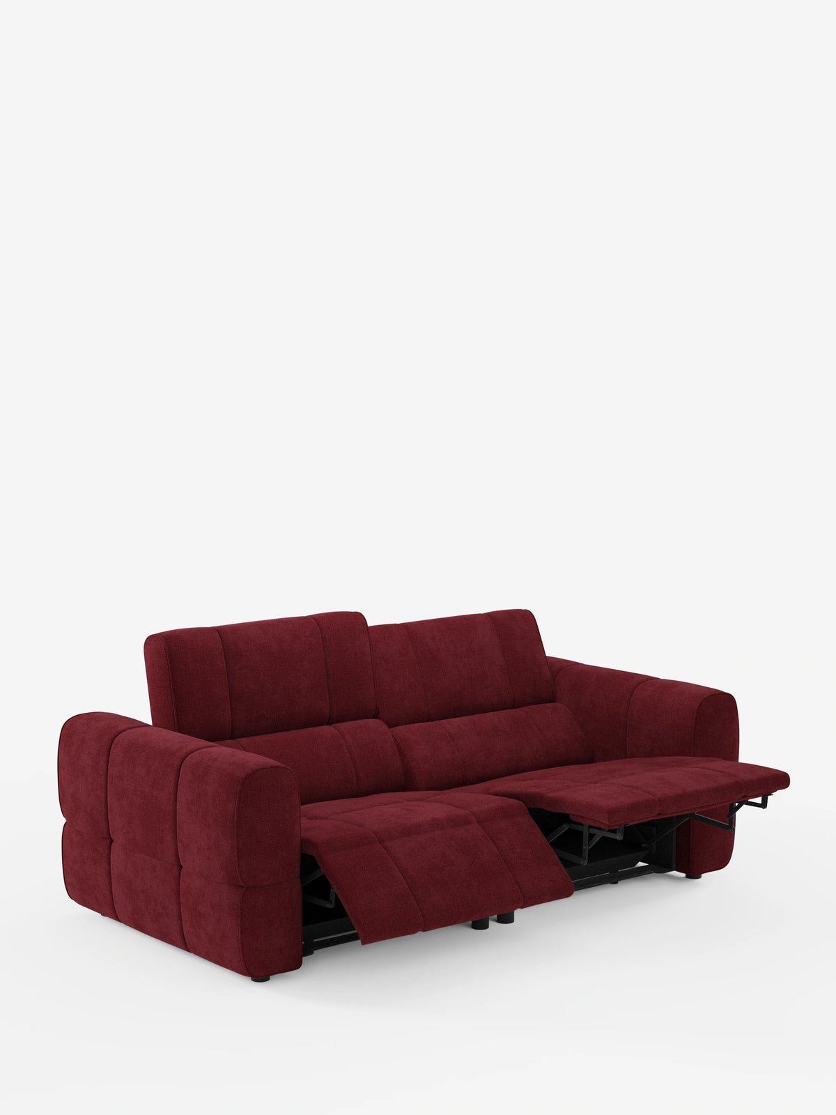 Un divano modulare Giotto a tre posti, con poggiatesta reclinabili e funzione relax elettrica opzionale, rivestito in tessuto smacchiabile T23 color bordeaux scuro, con un poggiapiedi reclinabile e poggiatesta in posizione verticale su sfondo bianco.