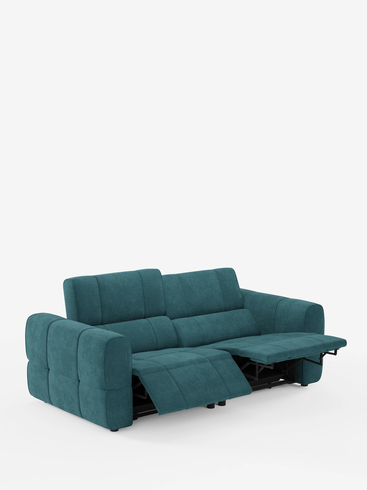 Giotto, divano modulare a 3 posti, con poggiatesta reclinabili e funzione relax elettrica opzionale, rivestito in tessuto smacchiabile T23: un divano a tre posti color verde acqua con braccioli imbottiti, poggiatesta reclinabili e seduta allungabile che lascia intravedere il meccanismo in metallo.