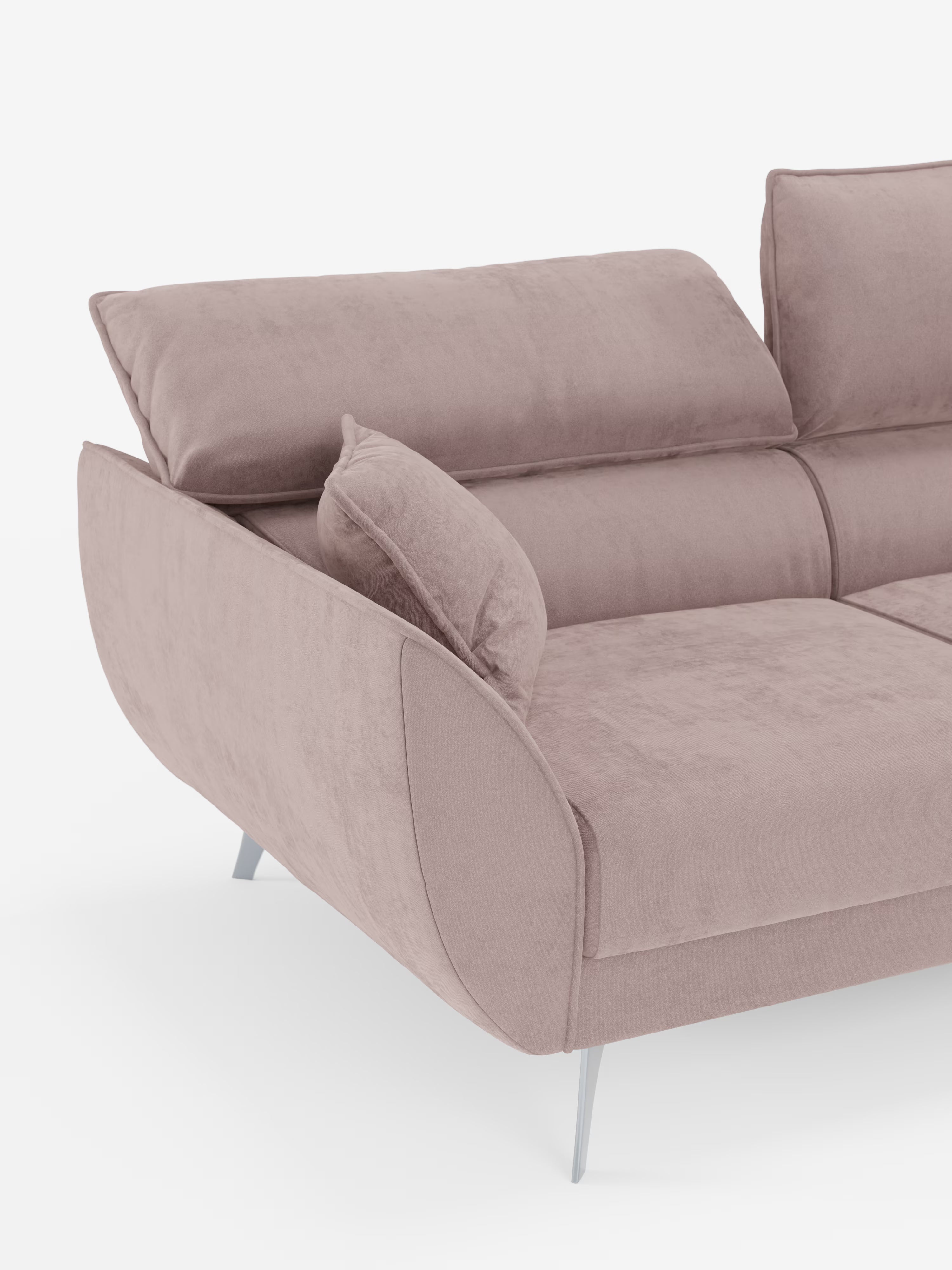 Un divano contemporaneo Michelangelo a 2 e 3 posti di Divani.Store, rivestito in velluto color malva T30 antimacchia, dotato di sedute estensibili, poggiatesta e braccioli reclinabili, eleganti fianchi curvi e sottili gambe in metallo argentato. Su uno sfondo bianco è visibile solo l'estremità sinistra di questo divano moderno.