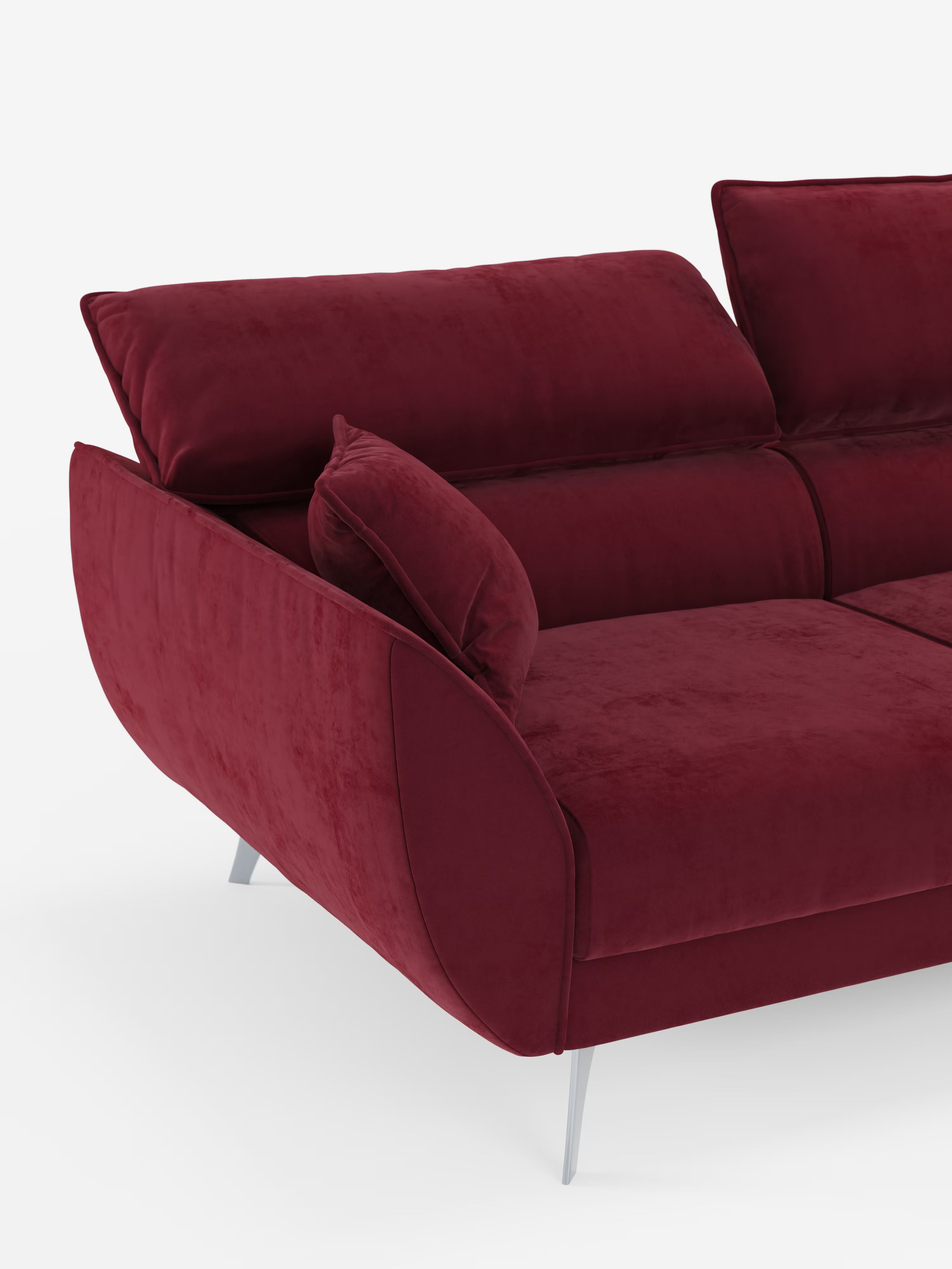 Vi presentiamo il divano angolare con penisola e sedute estensibili Michelangelo di Divani.Store, rivestito con un elegante tessuto T30 smacchiabile effetto velluto rosso intenso. Questo divano dal design contemporaneo è caratterizzato da morbidi cuscini, ampi braccioli ricurvi e gambe triangolari in metallo argentato. Dotato di poggiatesta reclinabili e di una zona relax configurabile per adattarsi al vostro spazio abitativo, questo modello di design è ritratto su uno sfondo bianco a tinta unita.