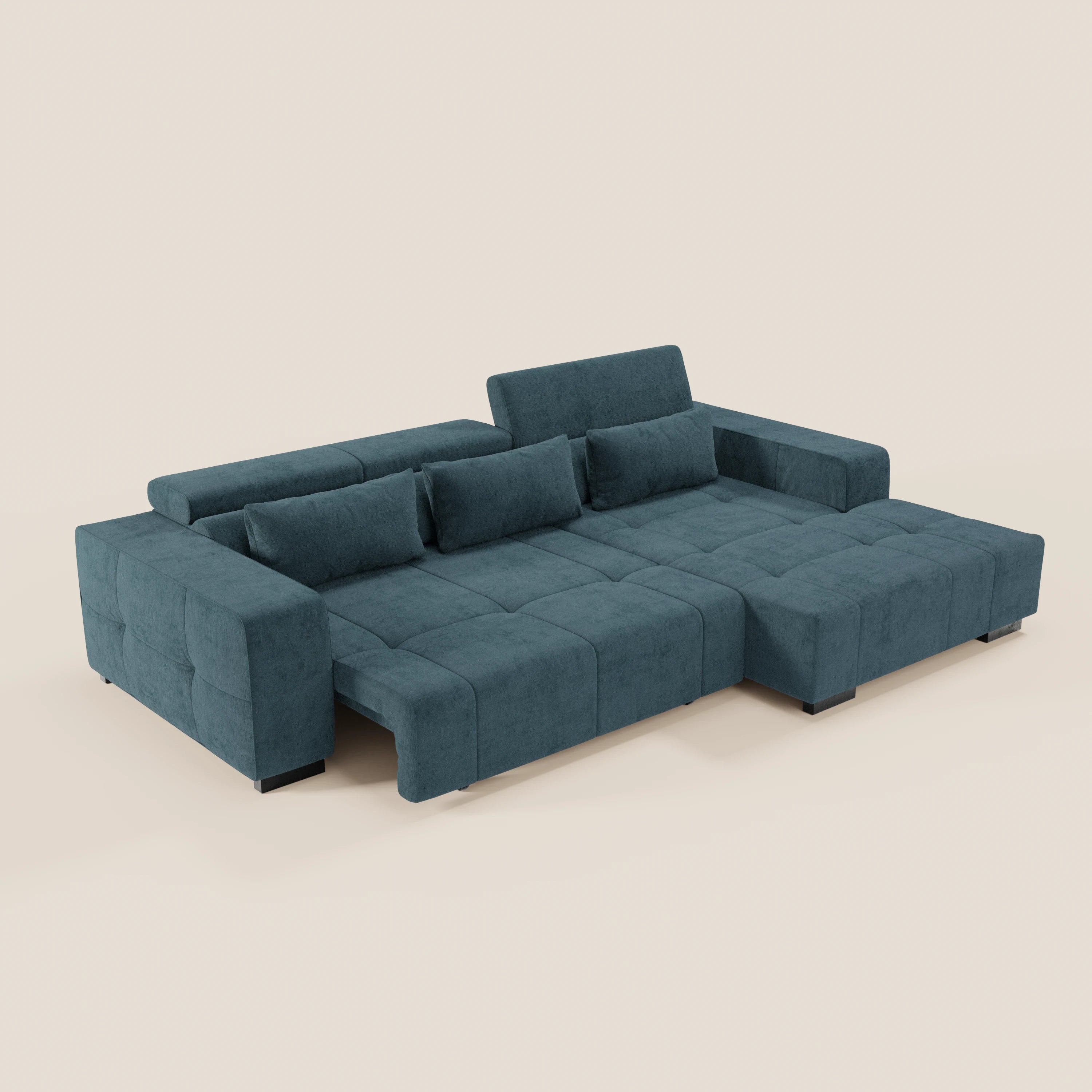 Monarch Divano angolare con penisola e Relax Elettrico per allungamento sedute - Poggiatesta Reclinabili in tessuto morbido smacchiabile T31 - divani.store