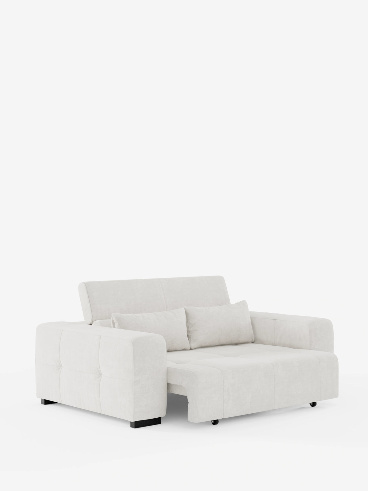 Un divano Monarch contemporaneo con funzione relax elettrica per l’allungamento delle sedute e poggiatesta reclinabile di Divani.Store, rivestito in morbido tessuto T31 grigio chiaro resistente alle macchie. Caratterizzato da ampi braccioli, due cuscini dello schienale e una chaise longue sul lato destro, questo divano poggia su eleganti piedini neri su uno sfondo bianco a tinta unita.