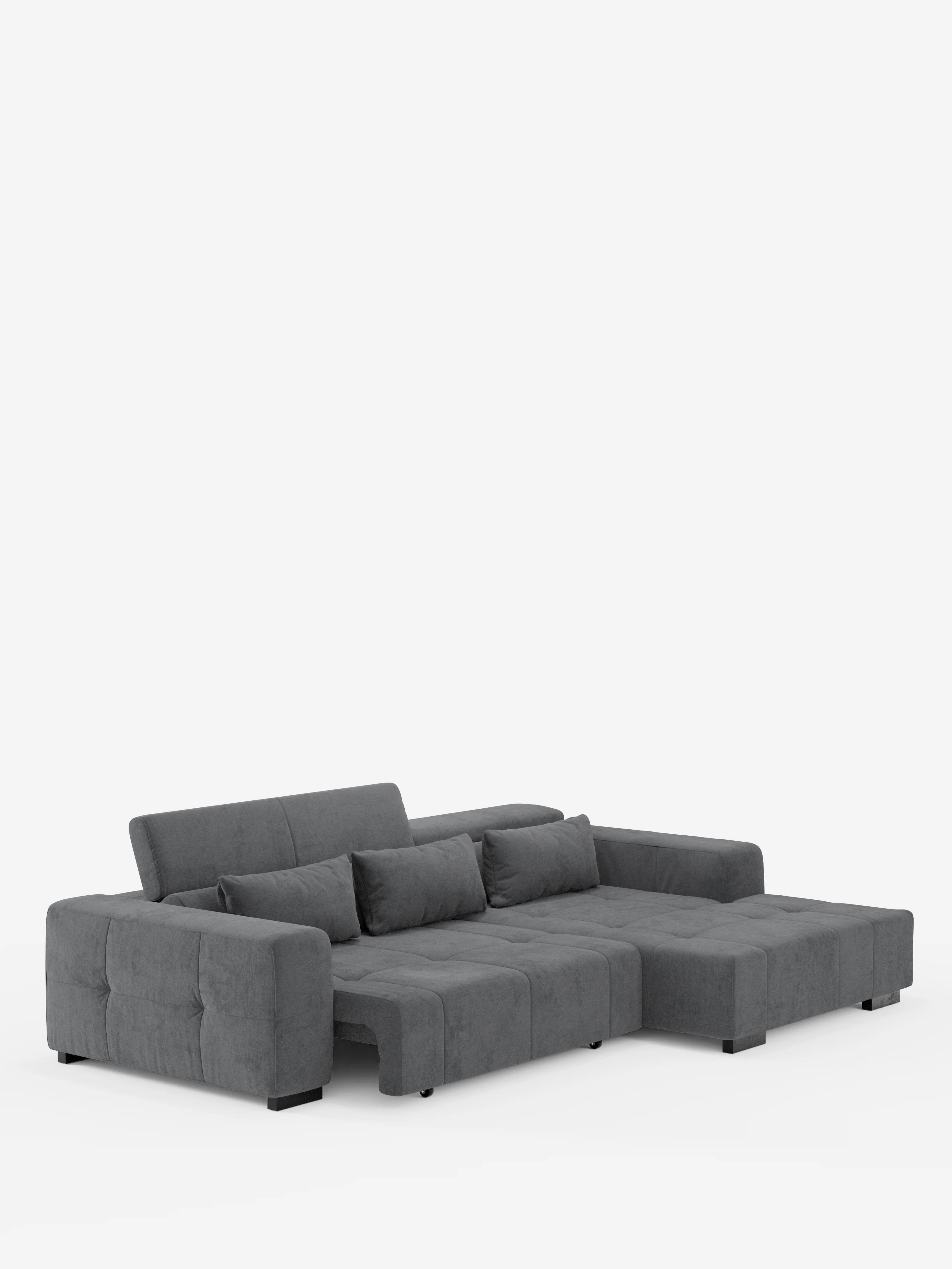 Il divano angolare Monarch con penisola e sistema Relax elettrico per l'allungamento delle sedute di Divani.Store, rivestito in morbido tessuto T31 facile da pulire, è dotato di cuscini soffici, ampi braccioli, una chaise longue sul lato destro e poggiatesta reclinabili regolabili per un comfort ancora maggiore. Questo moderno divano componibile grigio scuro poggia su bassi piedini neri su uno sfondo bianco a tinta unita.