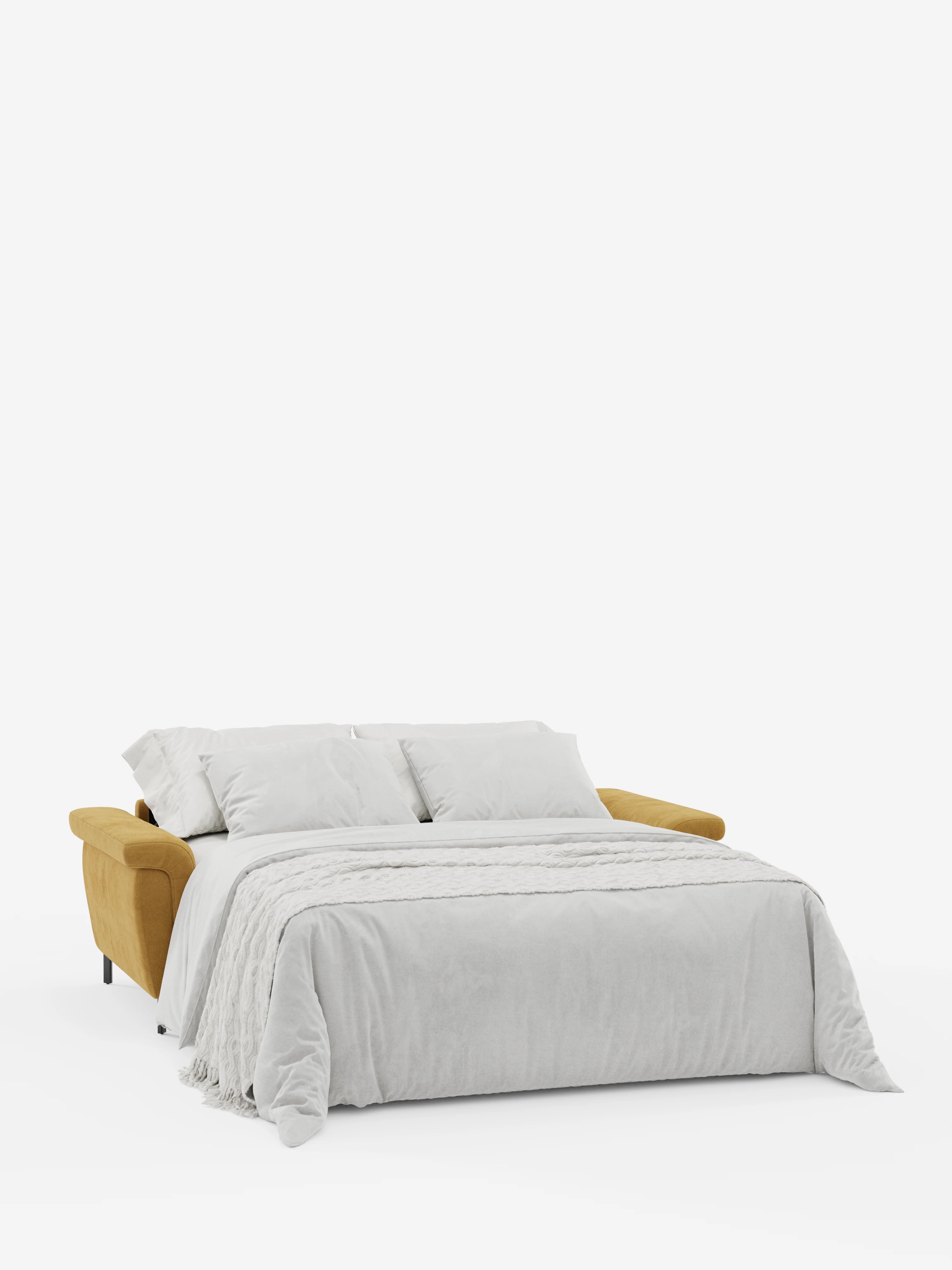 Il divano letto di design Capri con piedini alti di Divani.Store è raffigurato nella versione aperta, con un piumone grigio chiaro e due cuscini coordinati. Rivestito in raffinato tessuto effetto velluto smacchiabile T30, questo modello è dotato di poggiatesta reclinabili ed è un esempio perfetto di eleganza e comfort. La scena è ambientata su uno sfondo bianco a tinta unita con un'illuminazione soffusa, per un look minimalista.