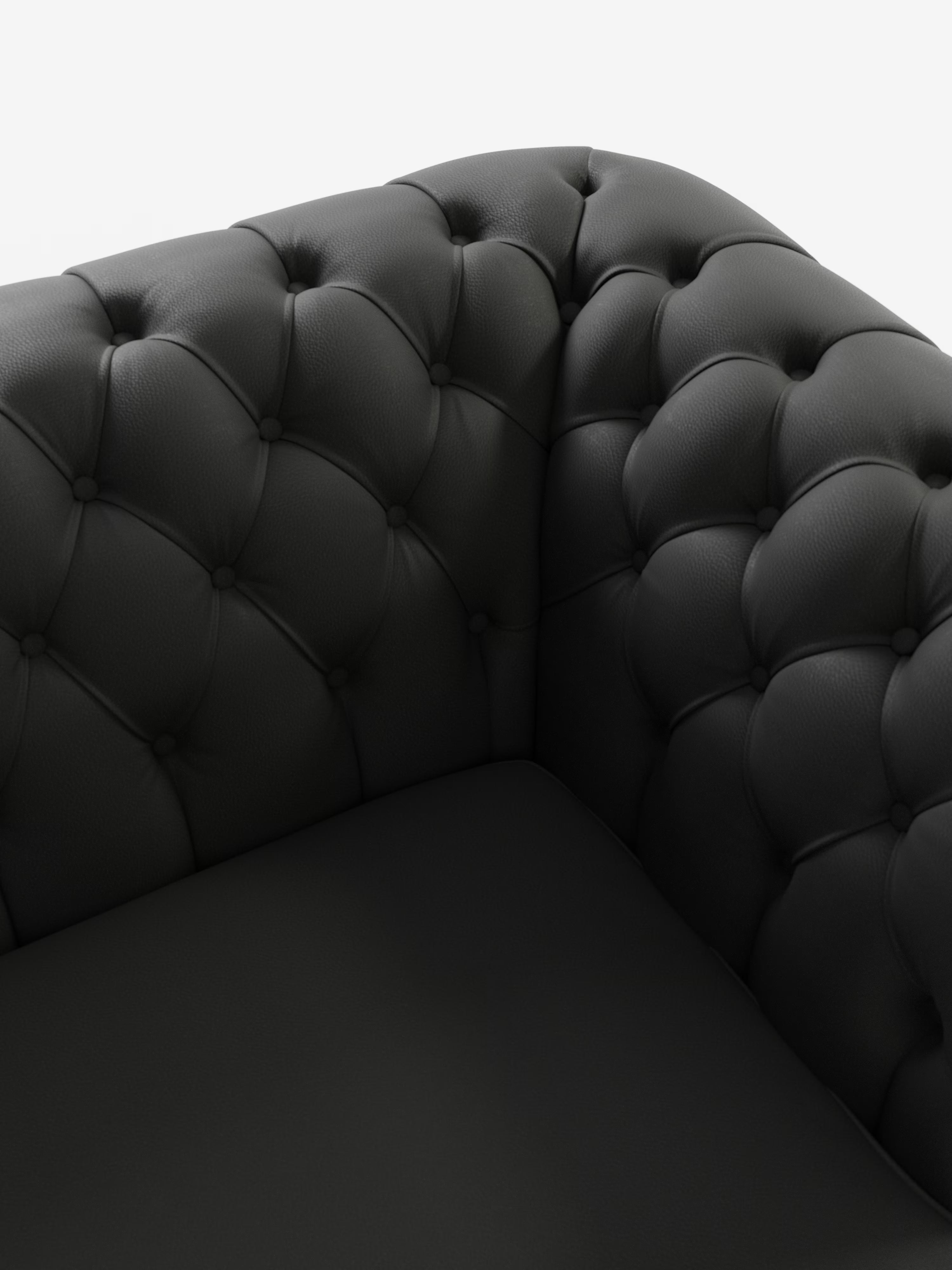 Primo piano di un divano ad angolo in pelle nera trapuntata, con i classici bottoni profondi sullo schienale e sui braccioli, che mettono in risalto la texture lussuosa e imbottita del Chester – Divano Chesterfield in vera pelle spessorata a 2 e 3 posti di Divani.Store su uno sfondo bianco a tinta unita. Questo elegante divano artigianale made in Italy trasuda raffinatezza senza tempo e un'eccezionale maestria artigianale.
