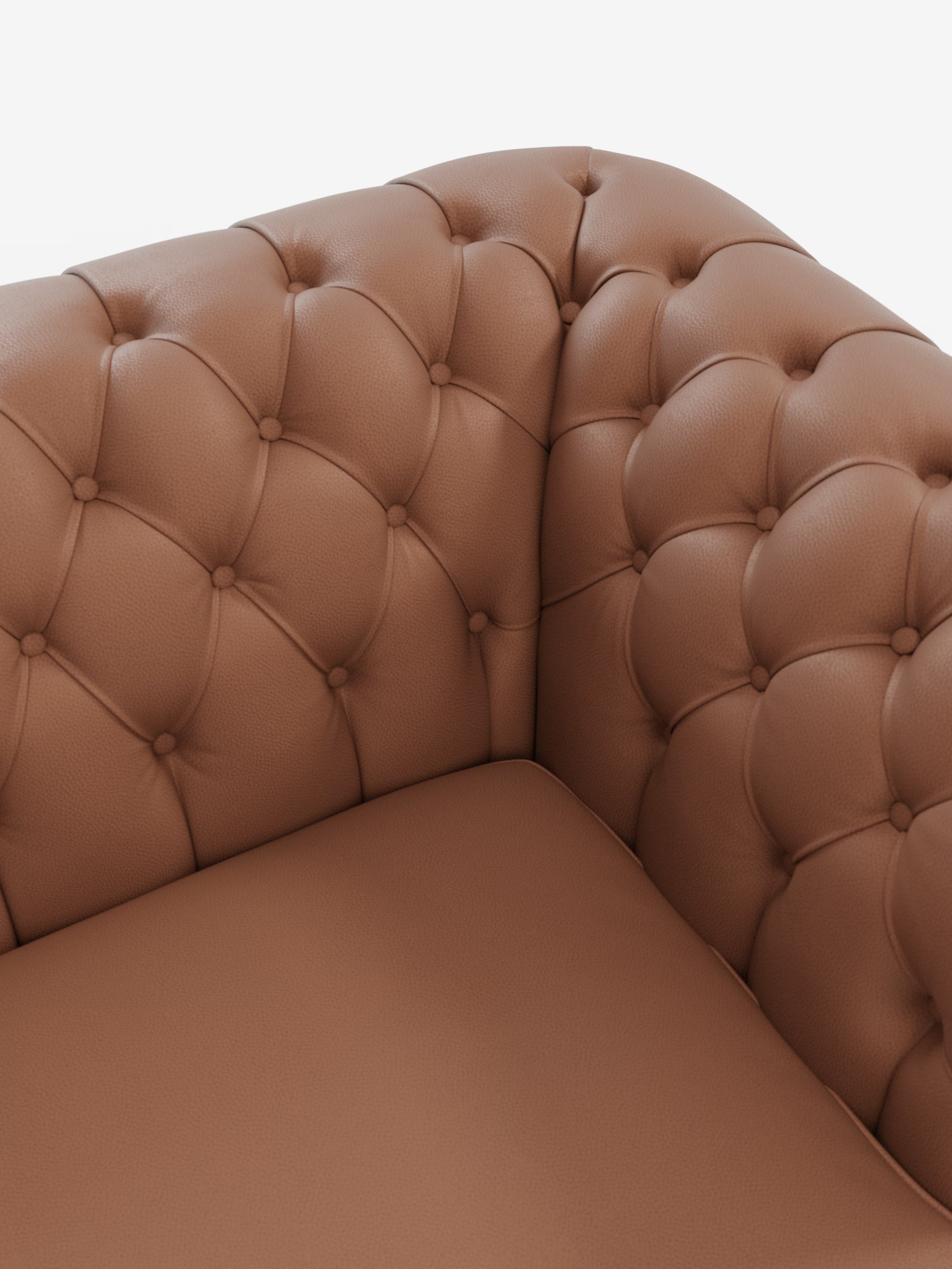 Primo piano di un divano Chesterfield marrone con capitonné: il divano Chesterfield in vera pelle spessorata a 2 e 3 posti di Divani.Store presenta bottoni decorativi e cuciture elaborate. Questo lussuoso divano artigianale Made in Italy è ripreso su uno sfondo bianco.