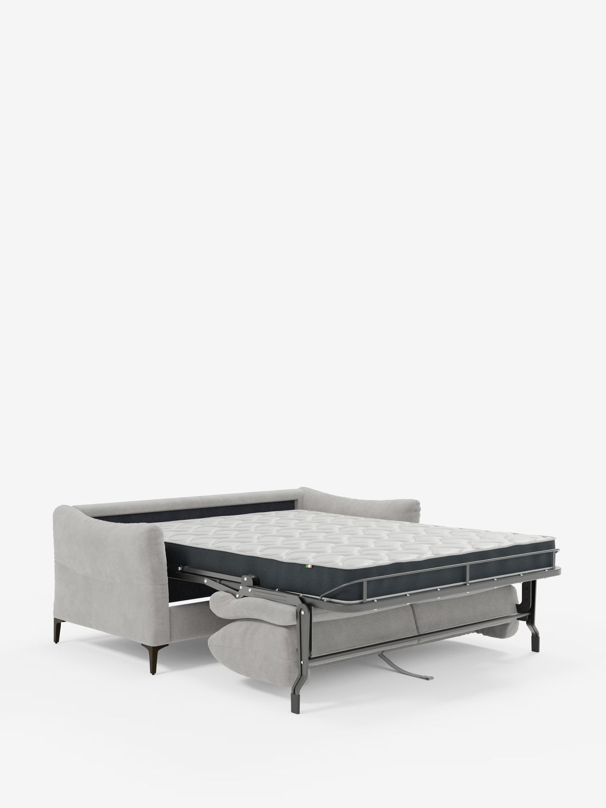 Un divano letto Dalia contemporaneo a 2, 3 e 4 posti di Divani.Store, realizzato in tessuto T30 vellutino moderno e resistente alle macchie, di colore grigio chiaro, è dotato di un materasso estraibile H18 cm e presenta un’elegante struttura in metallo nero con braccioli morbidamente imbottiti, su uno sfondo bianco a tinta unita.