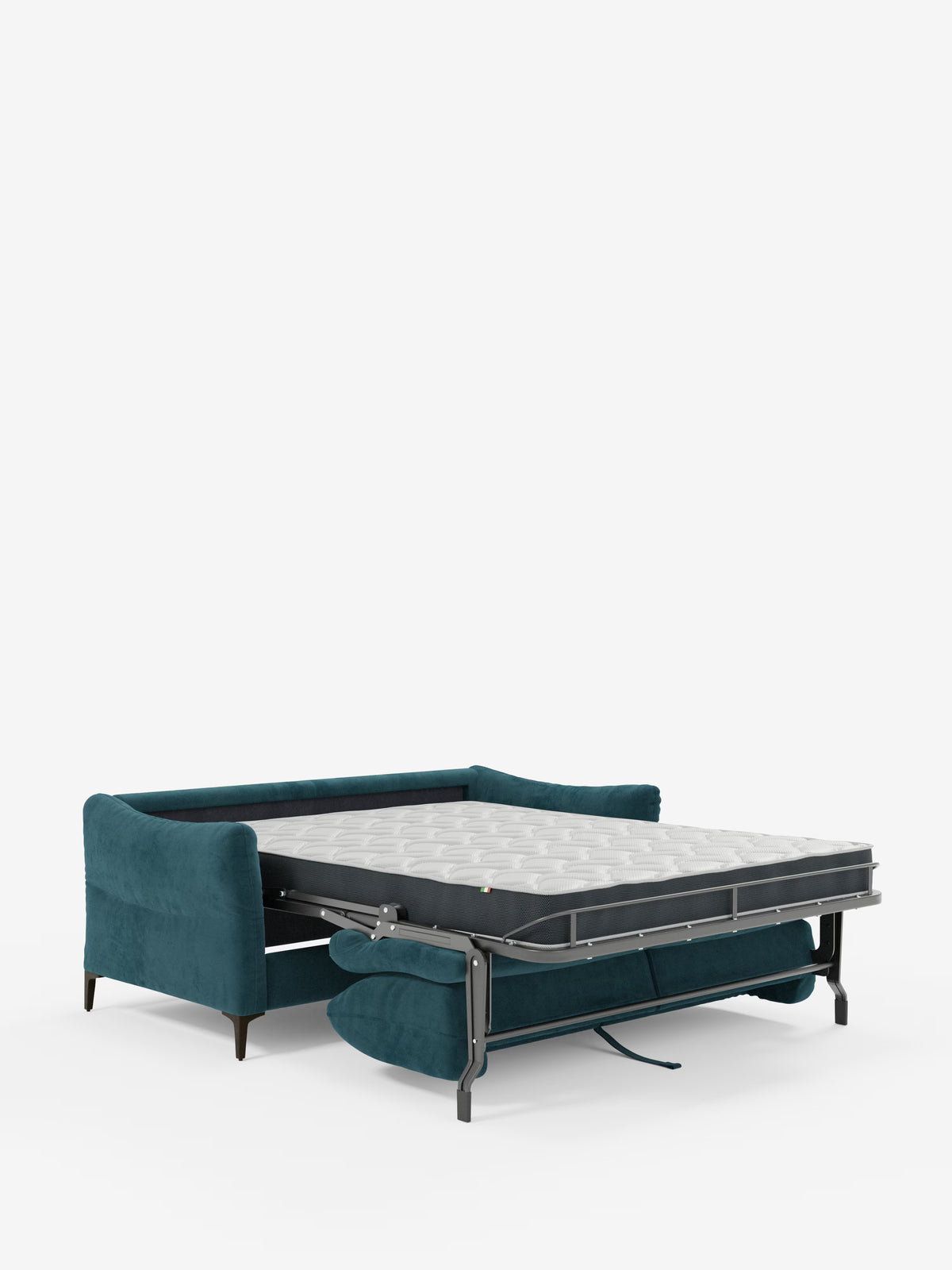 Un divano letto Dalia a 2, 3 e 4 posti di Divani.Store, rivestito in moderno velluto T30 color verde acqua antimacchia con gambe nere, è esposto su uno sfondo bianco. Il divano è dotato di una struttura metallica estraibile che sostiene un materasso alto 18 cm; i cuscini sono stati rimossi e riposti ordinatamente sotto la struttura del letto estesa, mettendo in risalto la sua spaziosa zona notte.