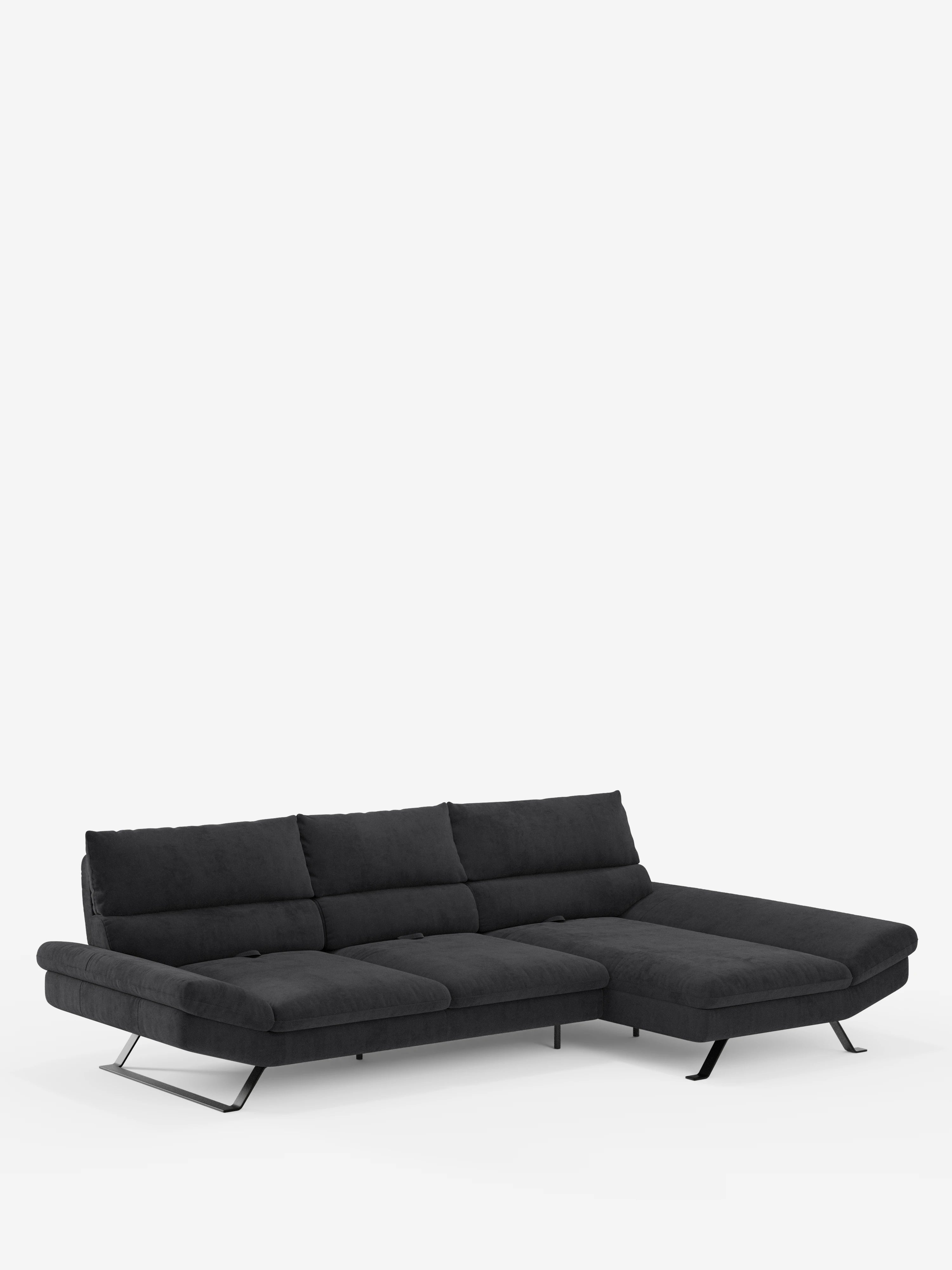 Scopri il comfort moderno con il divano angolare Eclipse con penisola e schienali traslanti in microfibra tecnica smacchiabile T11 di Divani.Store. Questo elegante divano componibile grigio scuro è dotato di morbidi cuscini, schienali traslanti regolabili e una chaise longue sul lato destro. Le sottili gambe in metallo inclinate verso l’esterno ne esaltano il design contemporaneo, il tutto su uno sfondo bianco a tinta unita.