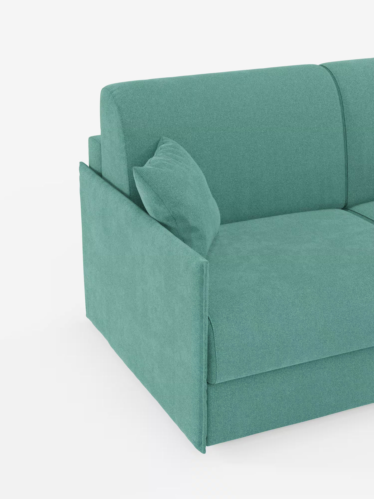 Il divano letto matrimoniale sfoderabile Evans di Divani.Store è ripreso dall’angolo sinistro, mettendo in risalto il bracciolo destro, il cuscino di seduta, lo schienale e un unico cuscino coordinato. Con il suo design compatto, le linee minimaliste e il tessuto T23 facile da pulire — oltre a un pratico vano porta-cuscini — questo divano salvaspazio è l’ideale per le abitazioni contemporanee. Lo sfondo è bianco a tinta unita.