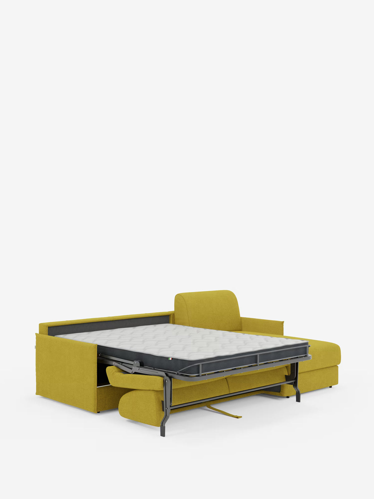 Il divano letto angolare con penisola contenitore Evans di Divani.Store è un divano componibile imbottito di colore giallo, dotato di un letto estraibile con rete metallica estesa e materasso. Il suo design compatto, realizzato in tessuto smacchiabile T23, unisce stile moderno e multifunzionalità, fungendo sia da comoda seduta che da letto. In risalto su uno sfondo bianco a tinta unita, la silhouette slanciata di questo versatile complemento d’arredo risulta ancora più accentuata.