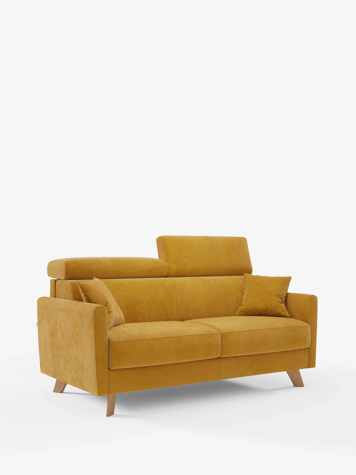 Un divano letto Francy dal design contemporaneo con poggiatesta regolabili di Divani.Store, rivestito in un accattivante giallo senape, con tessuto T30 elegante, resistente alle macchie e sfoderabile al 100%. Questo divano a tre posti è dotato di due cuscini di seduta, gambe in legno, poggiatesta regolabili e viene fornito con due cuscini quadrati coordinati. Su uno sfondo bianco a tinta unita, il divano spicca come elemento centrale della stanza.