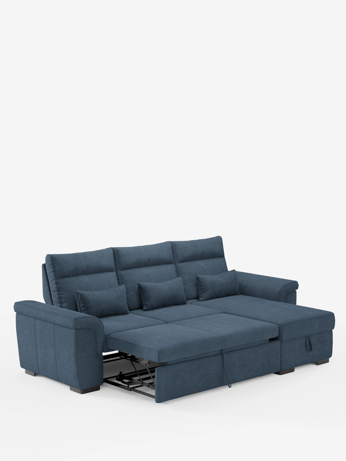 Un divano letto angolare blu “Ischia” con schienali regolabili, elemento estraibile e penisola contenitore in tessuto antimacchia misto lino, dotato di tre schienali regolabili, tre cuscini piccoli e una chaise longue con contenitore sul lato destro.