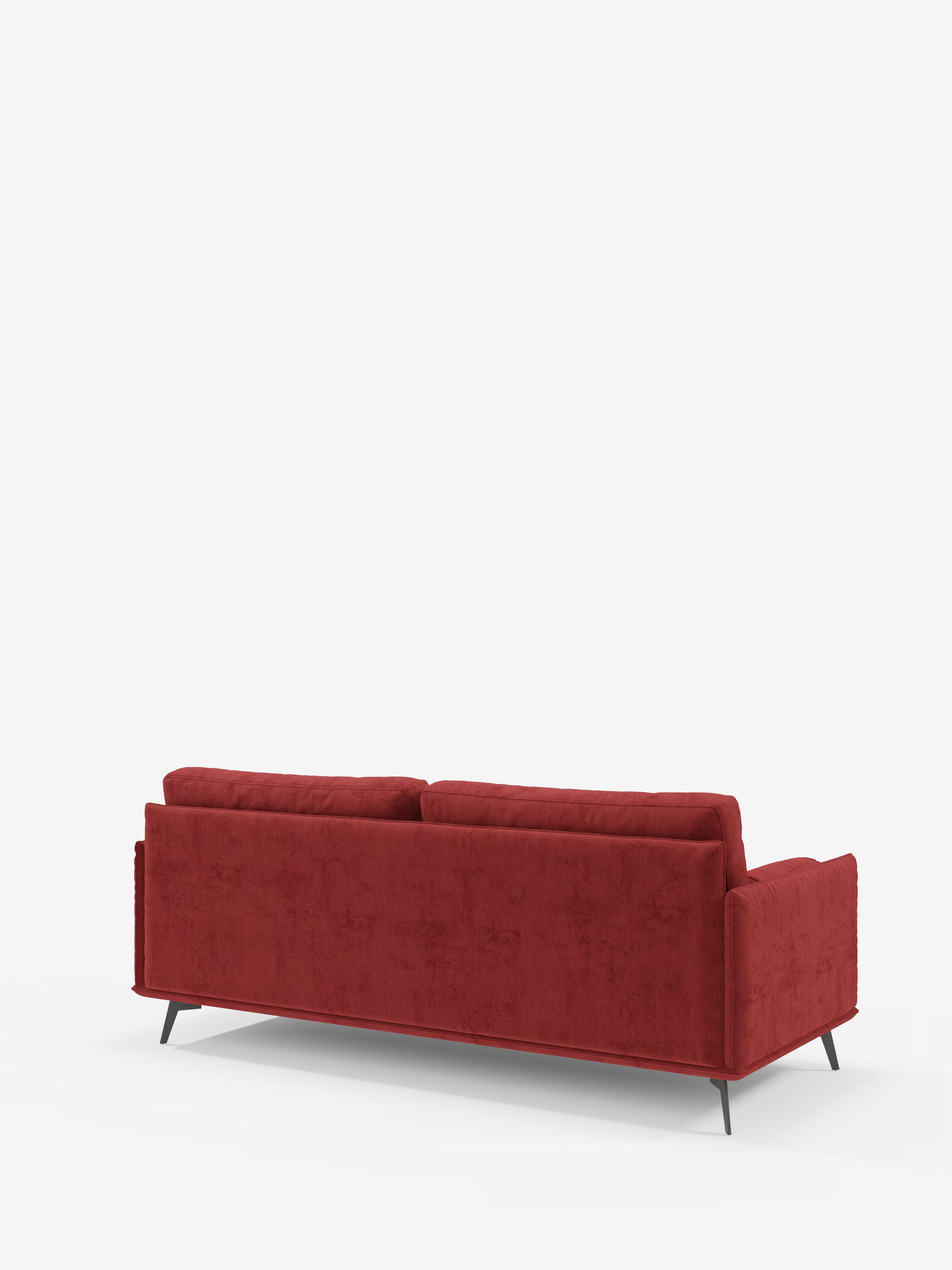 Il divano lineare a due posti "Basalto" di Divani.Store, di colore rosso, con cuscino di seduta singolo in tessuto T31 antimacchia e base in metallo, è ripreso nella vista posteriore. Il divano presenta braccioli sottili, uno schienale dritto e poggia su quattro gambe nere inclinate. Lo sfondo bianco a tinta unita mette in risalto il design moderno e minimalista di questo complemento d'arredo.