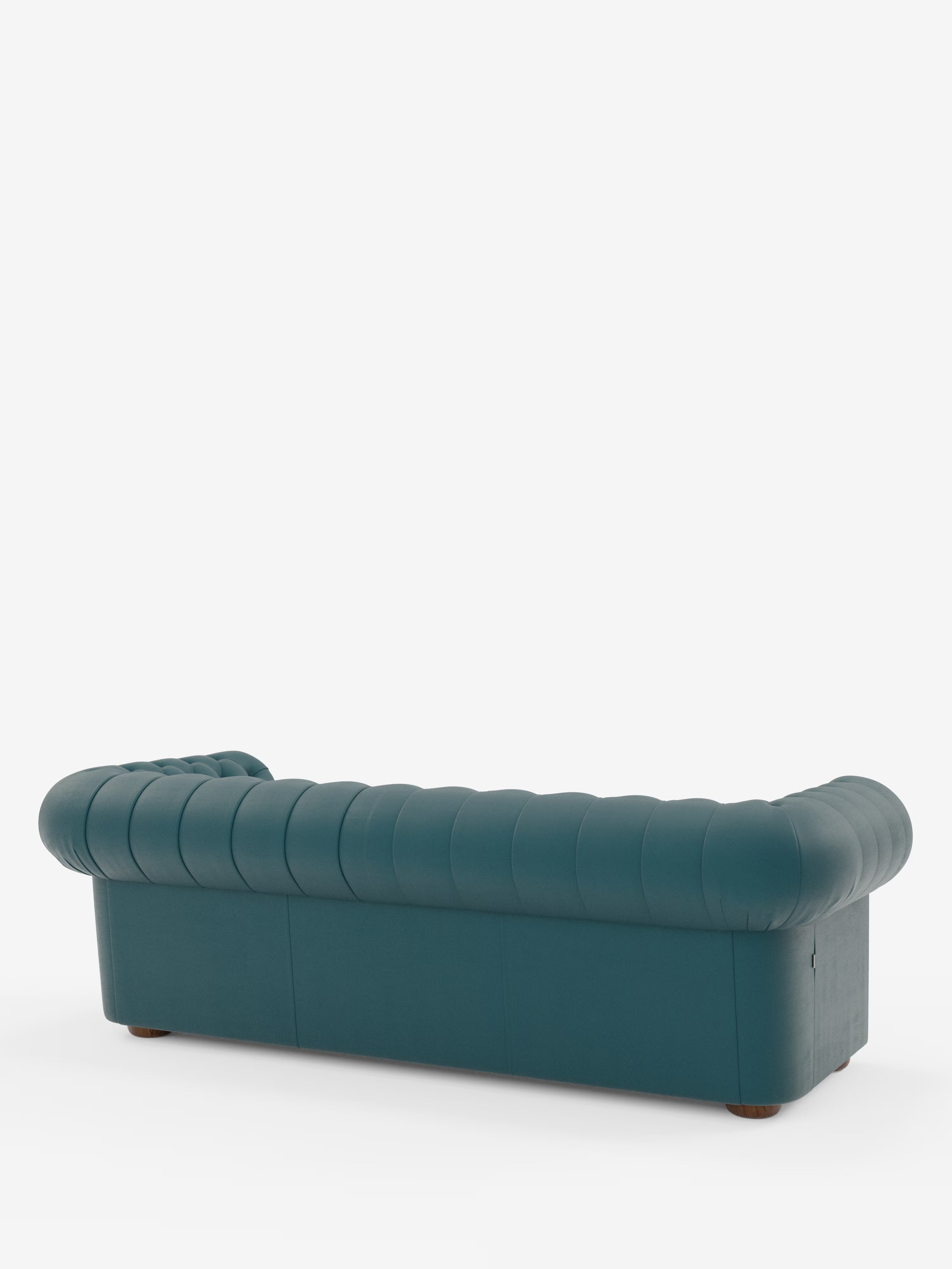 Una vista posteriore del divano Chester 4 Posti 3 sedute in Vera Pelle – Chesterfield Capitonné Artigianale di Divani.Store è raffigurata su uno sfondo bianco. Questo divano color verde acqua presenta uno schienale capitonné, braccioli arrotondati, gambe quasi invisibili e una finitura morbida, che esaltano l’eleganza classica e la tradizionale maestria artigianale tipiche dello stile Chesterfield.