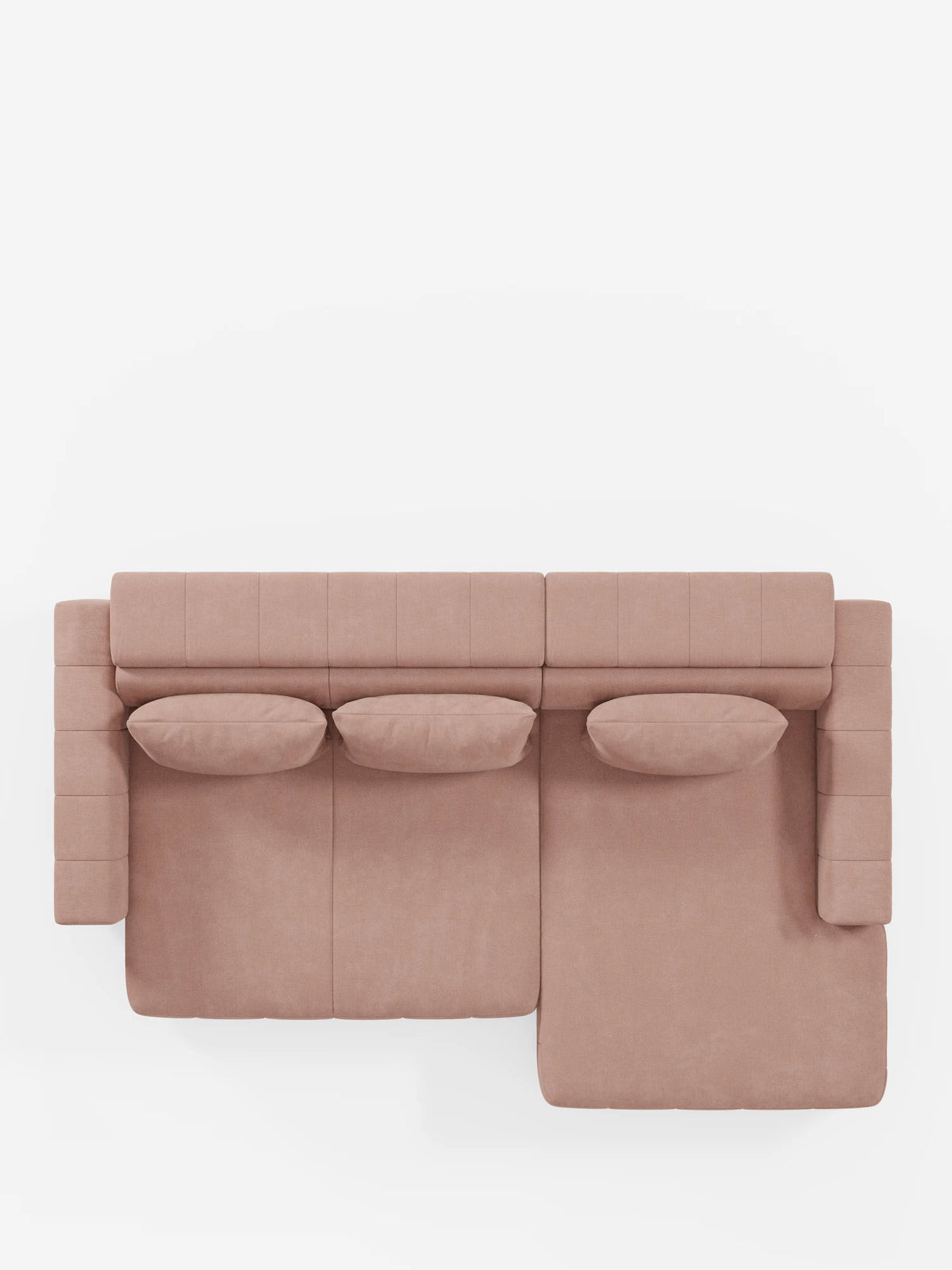 Vista dall'alto del divano angolare dorico con penisola e sedute allungabili con relax elettrico - poggiatesta reclinabili in tessuto smacchiabile T23 di Divani.Store, raffigurato in un tessuto beige-rosato. Questo divano componibile è composto da tre moduli rettangolari, due cuscini rettangolari e una chaise longue estesa (penisola) sulla destra. Il design è caratterizzato da linee rette e pulite e si distingue su uno sfondo bianco.